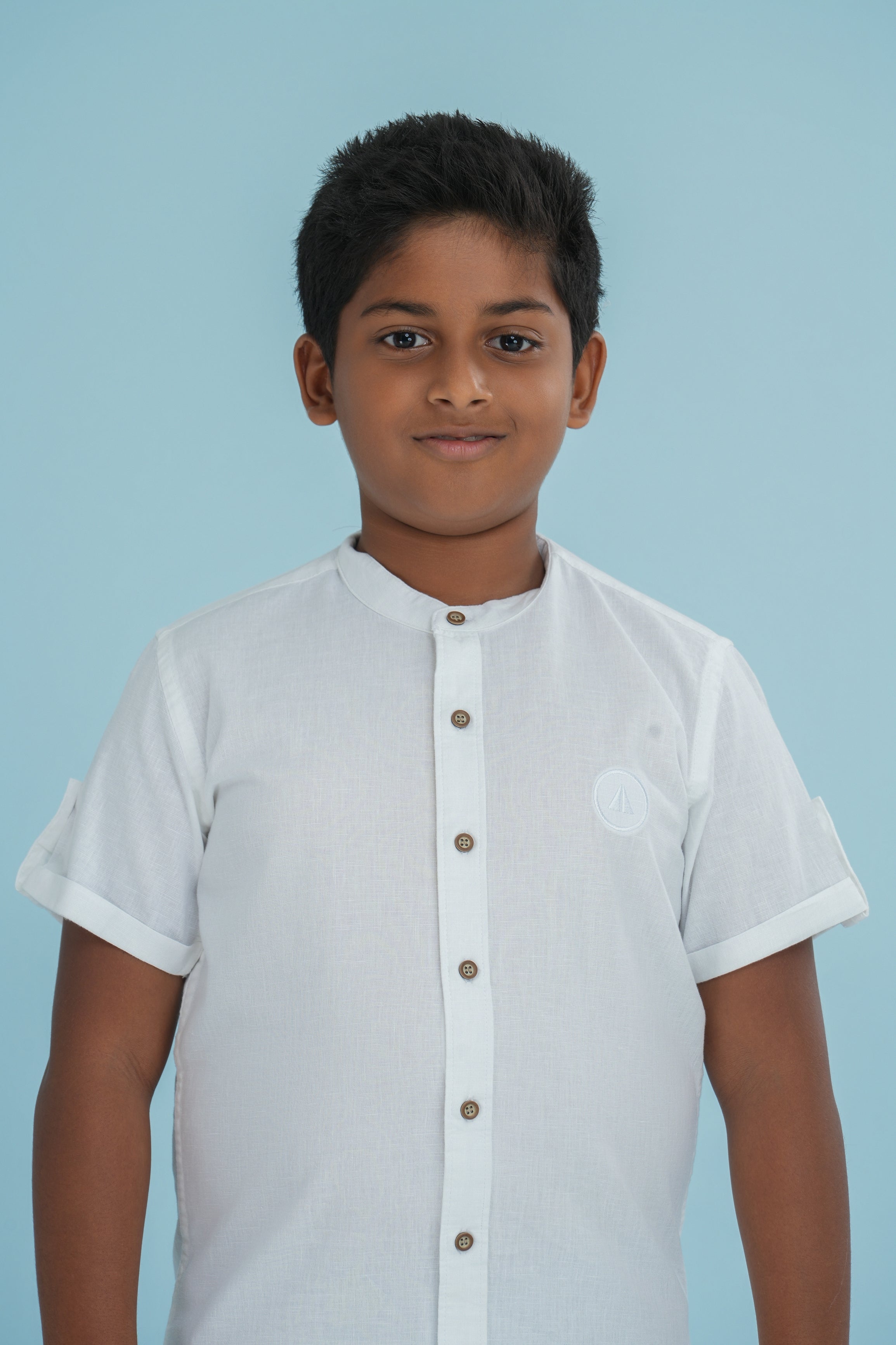 Kids' Chinese Collar Linen Cotton Shirt – White | AnationZ Junior