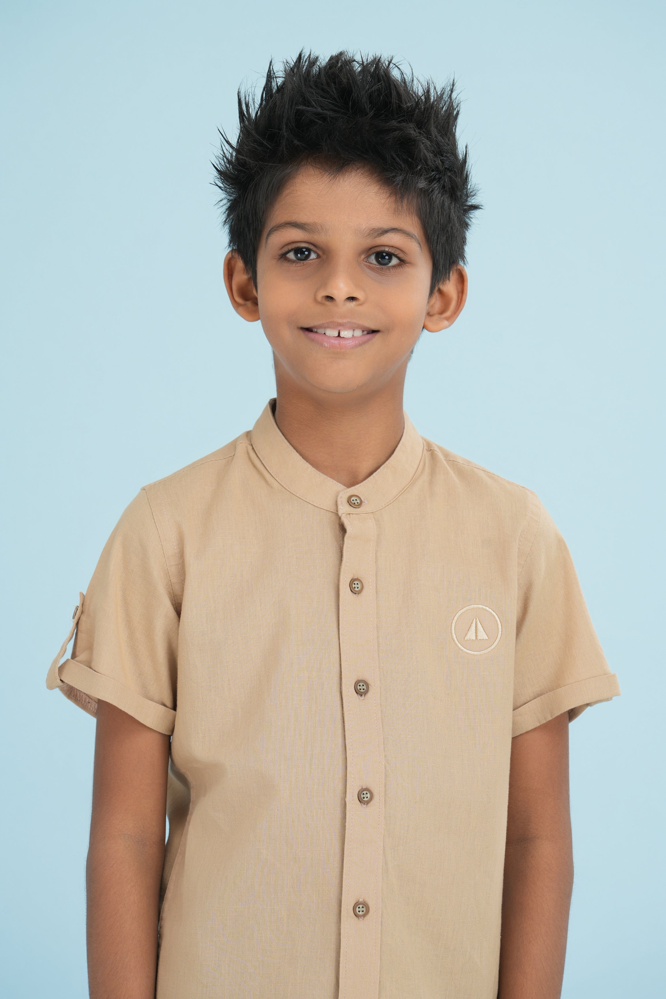 Kids' Linen Cotton Shirt with Sleeve Detail – Caramel Brown | AnationZ Junior