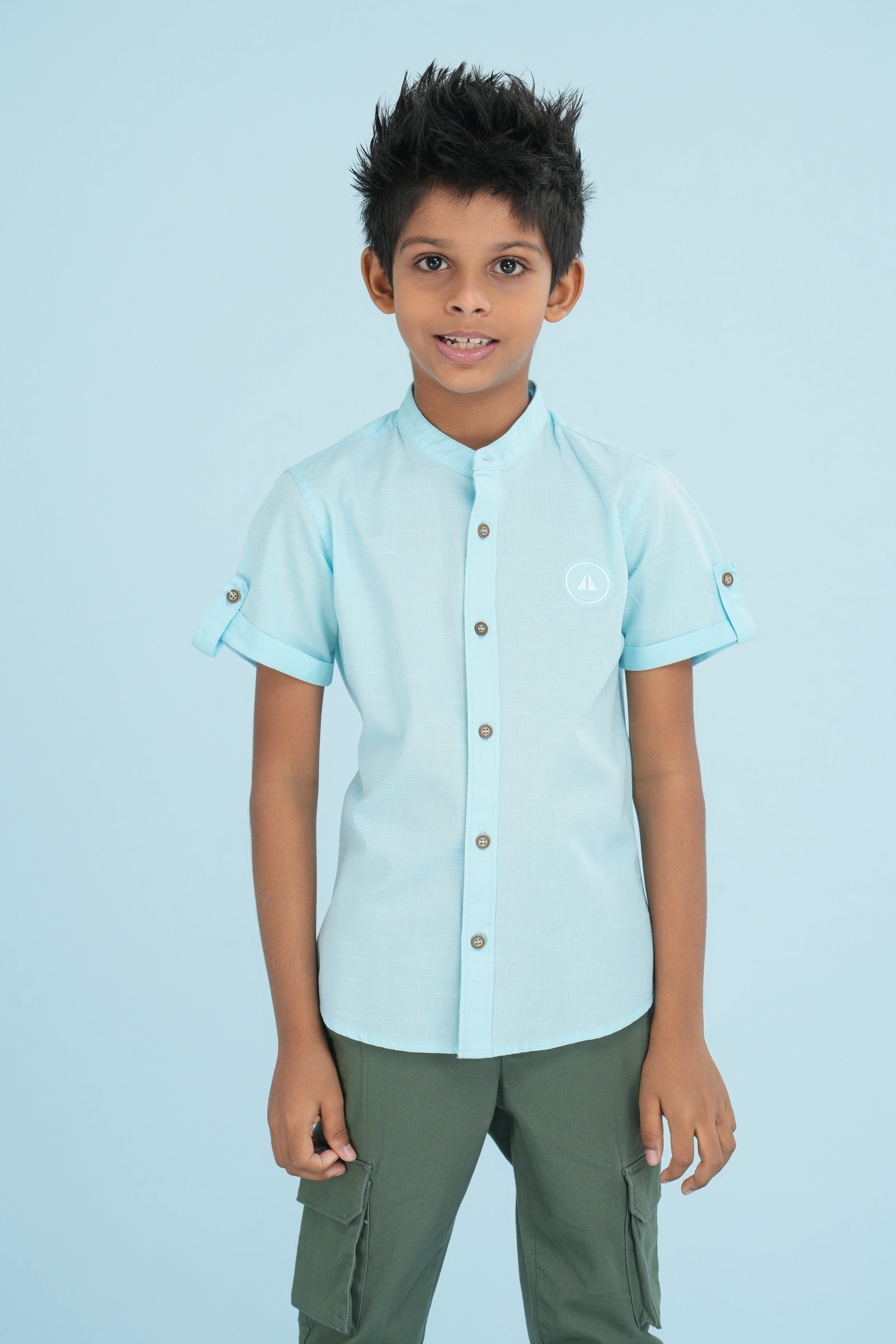 Kids' Slub Cotton Shirt with Sleeve Detail – Light Blue | AnationZ Junior