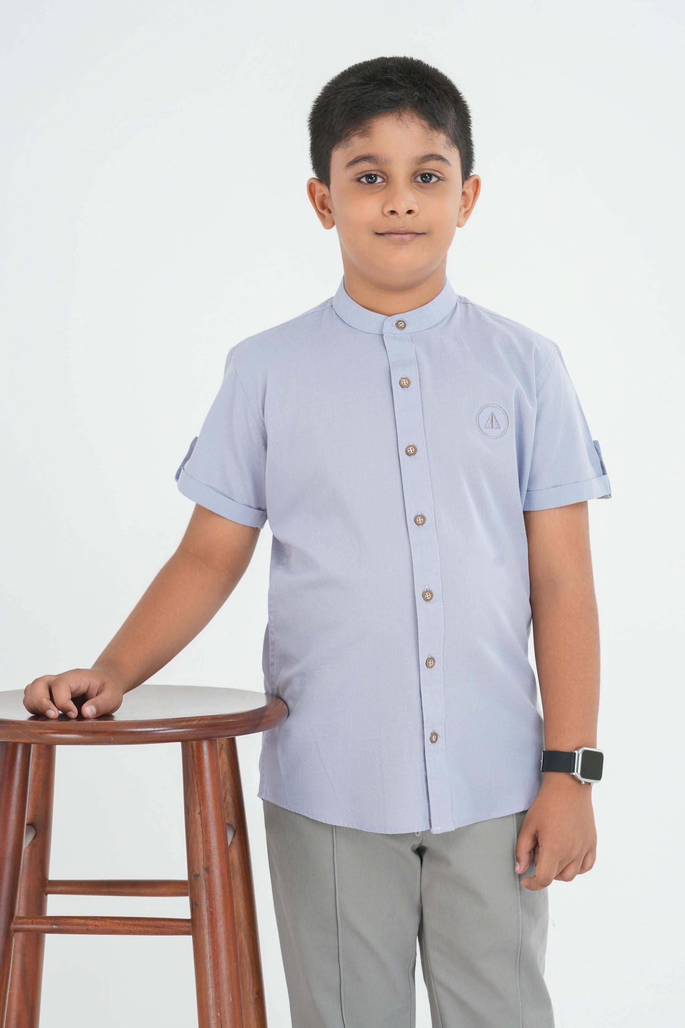 Kids' Slub Cotton Shirt with Sleeve Detail – Light Grey | AnationZ Junior