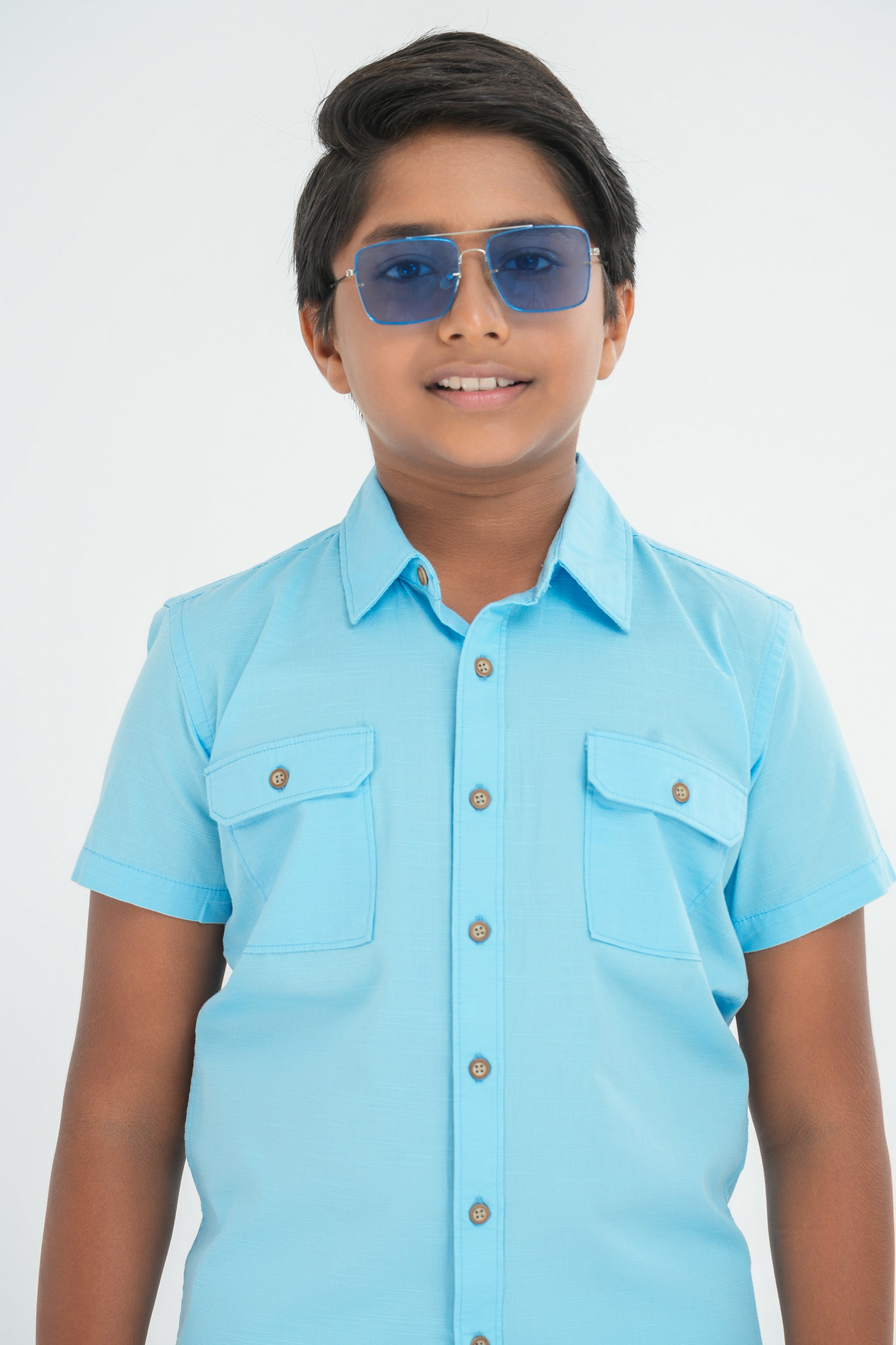 Kids' Cotton Shirt with Double Pocket Flap – Light Teal Blue | AnationZ Junior