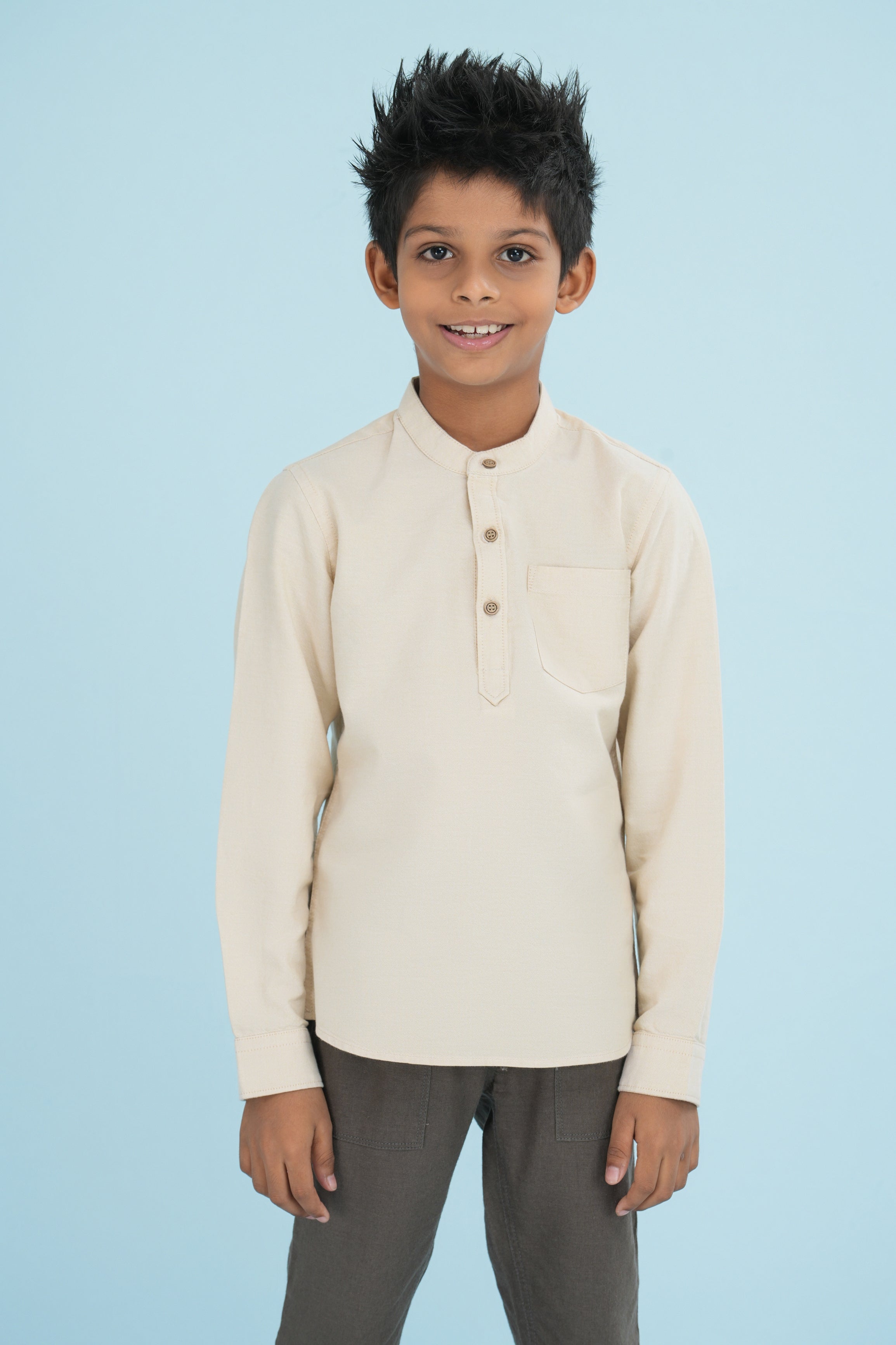 Kids' Oxford Cotton Long Sleeve Kurtha – Beige | AnationZ Junior