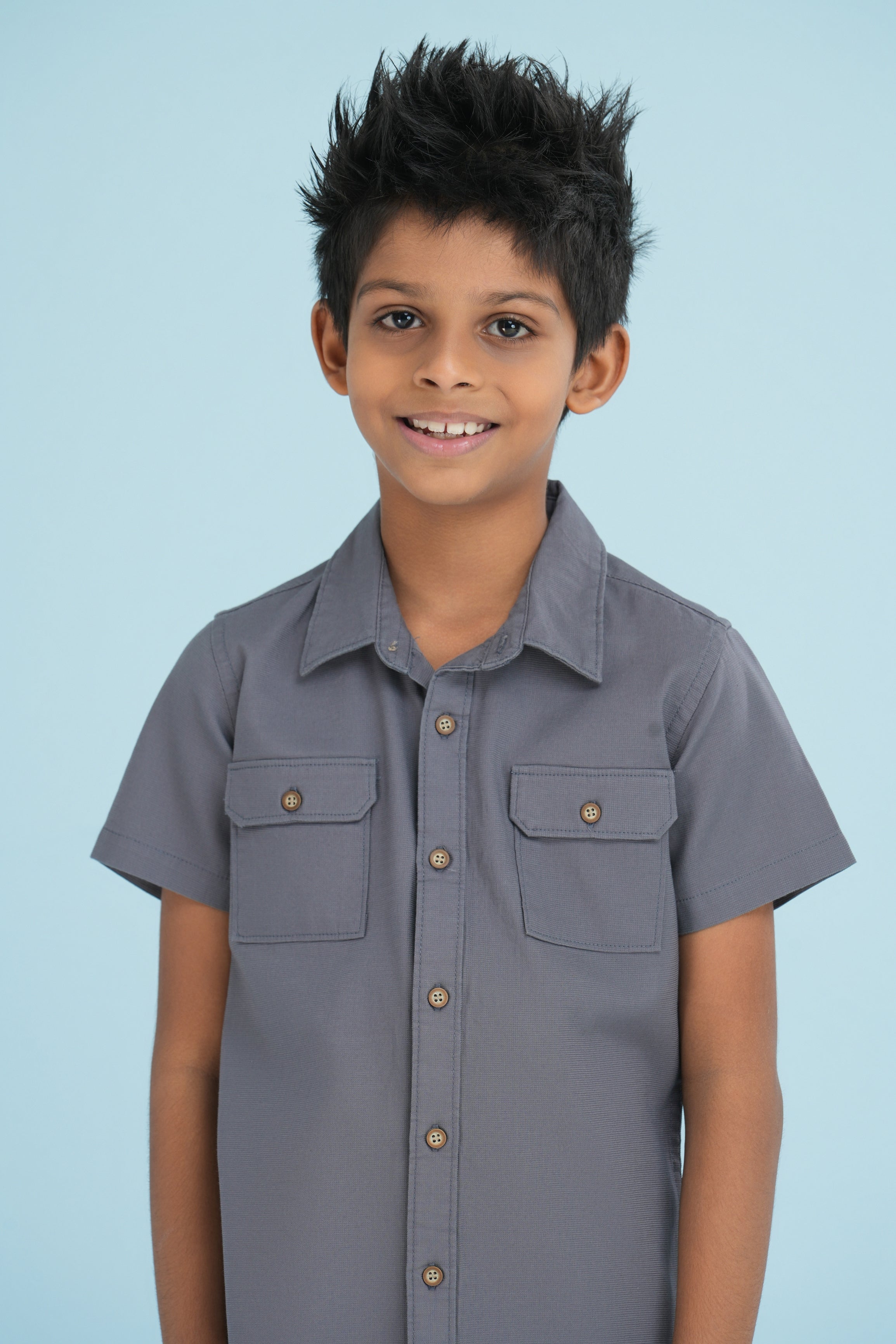 Kids' Double Pocket Cotton Shirt – Charcoal Grey | AnationZ Junior