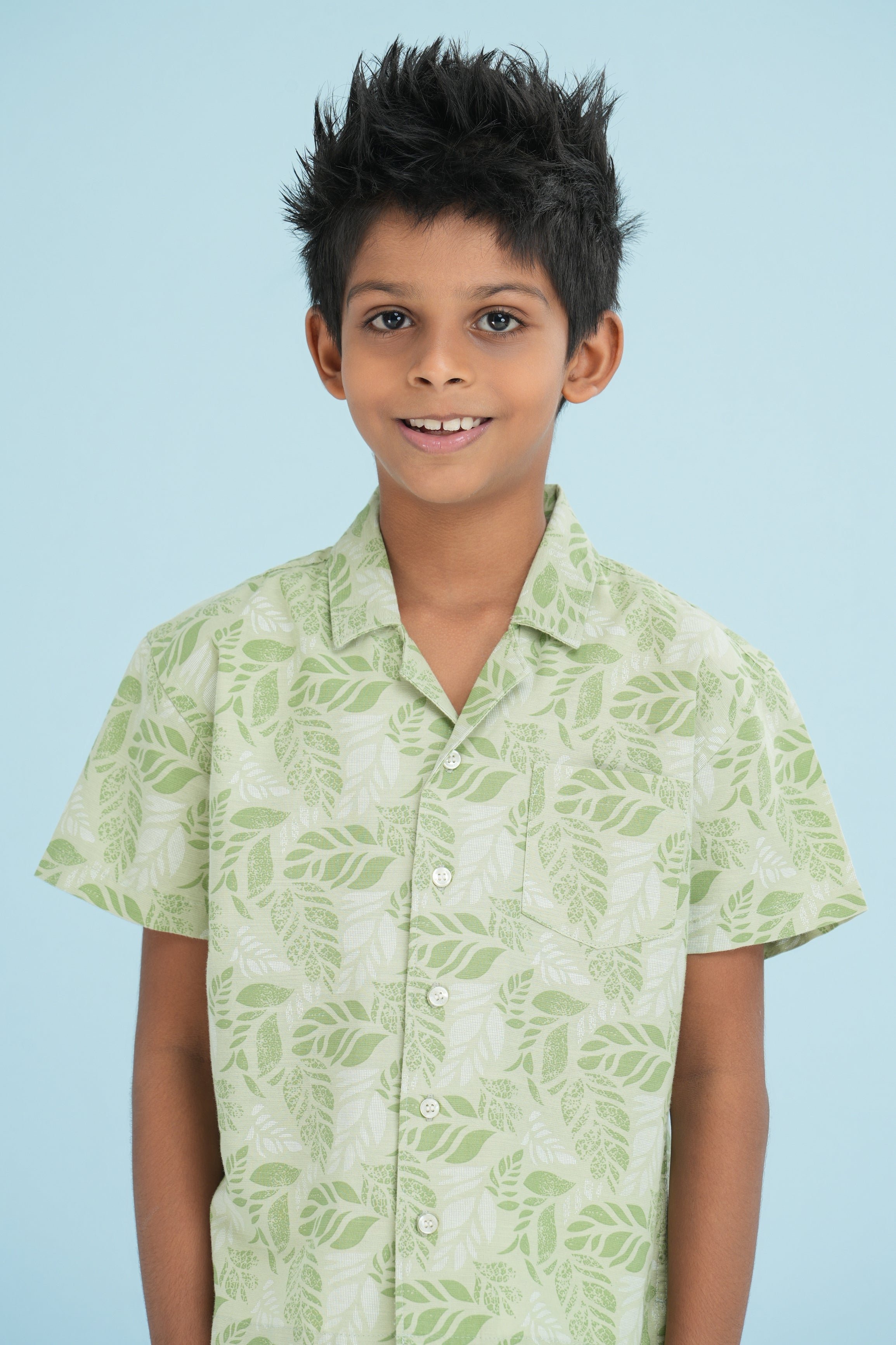 Kids' Printed Cuban Collar Cotton Shirt – Light Green | AnationZ Junior