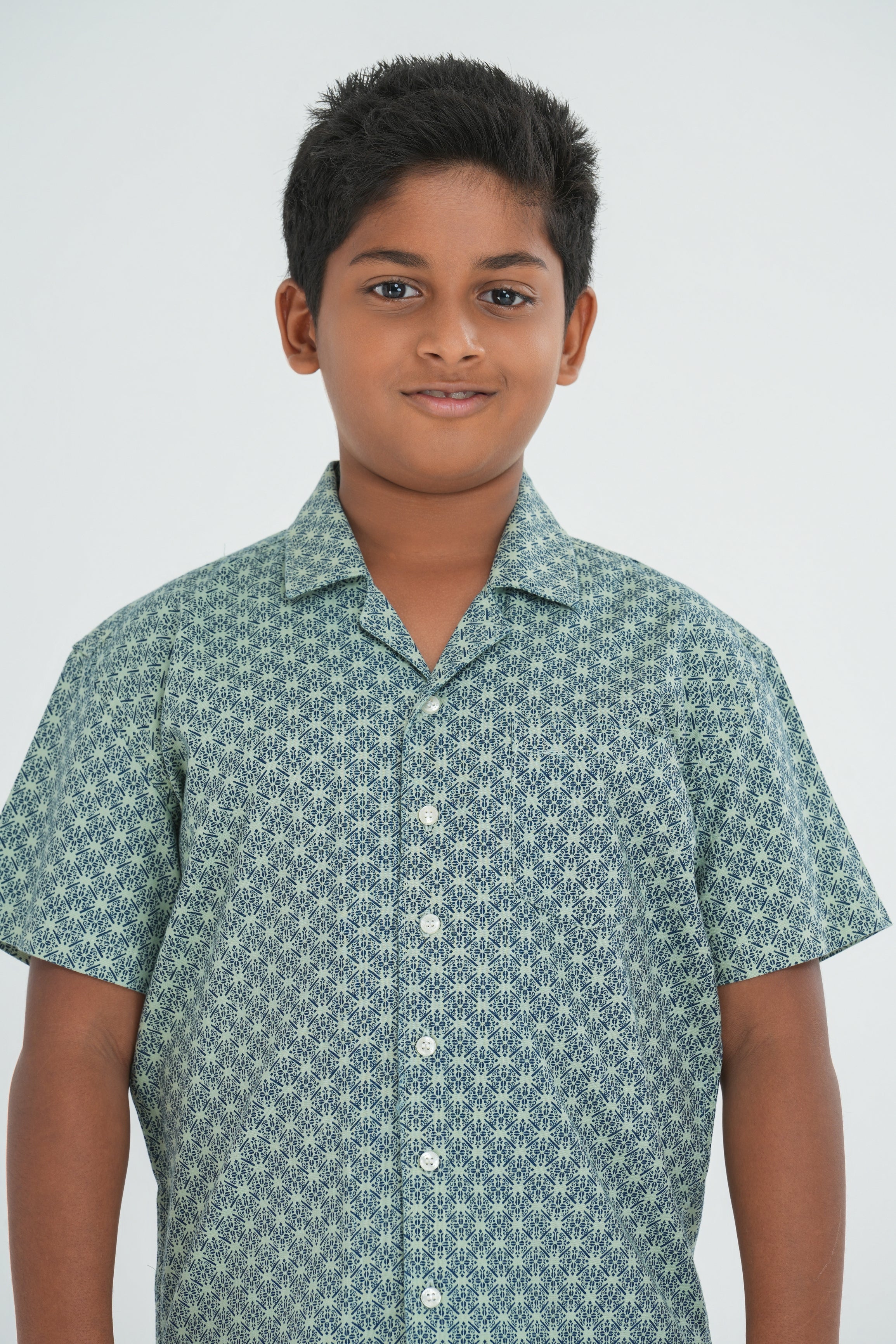 Kids' Printed Cotton Shirt – Cuban Collar, Light Green | AnationZ Junior