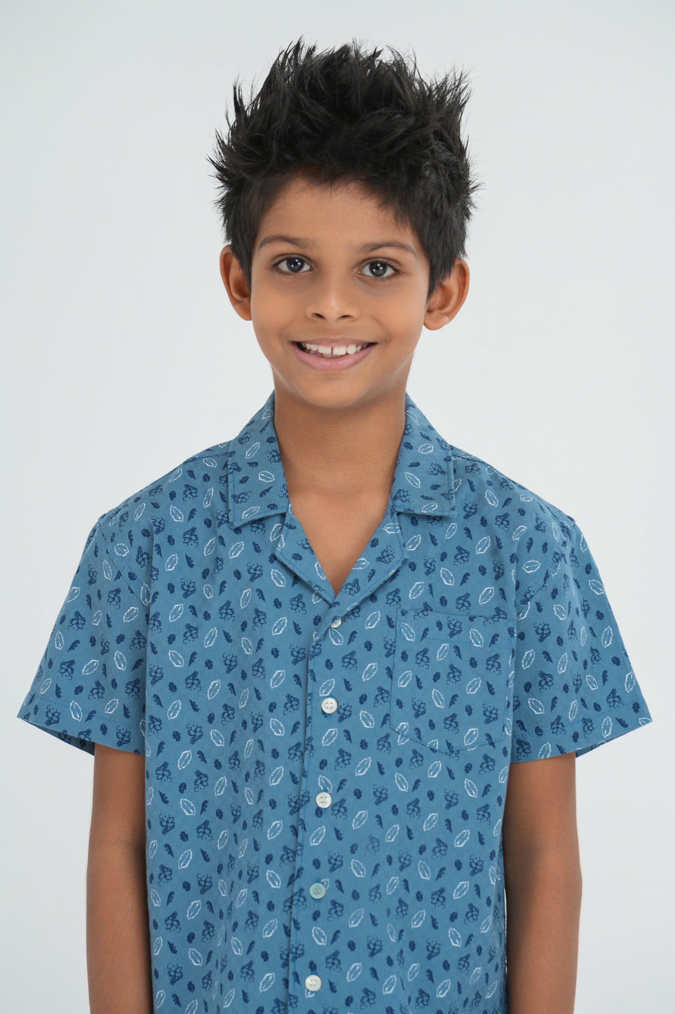 Kids' Printed Cotton Shirt – Cuban Collar Blue | AnationZ Junior