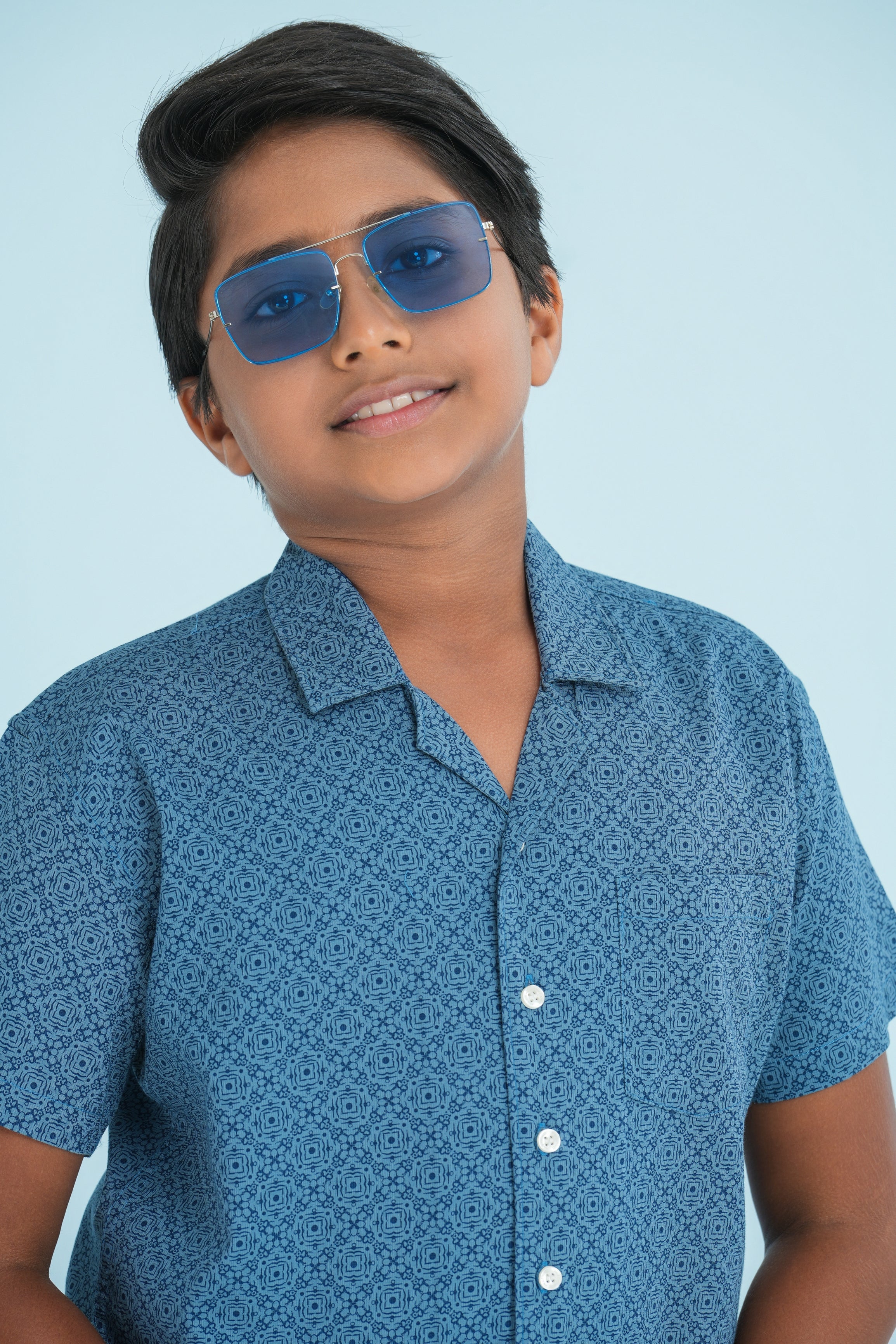 Kids’ Printed Shirt – Indigo Floral Grid | AnationZ Junior