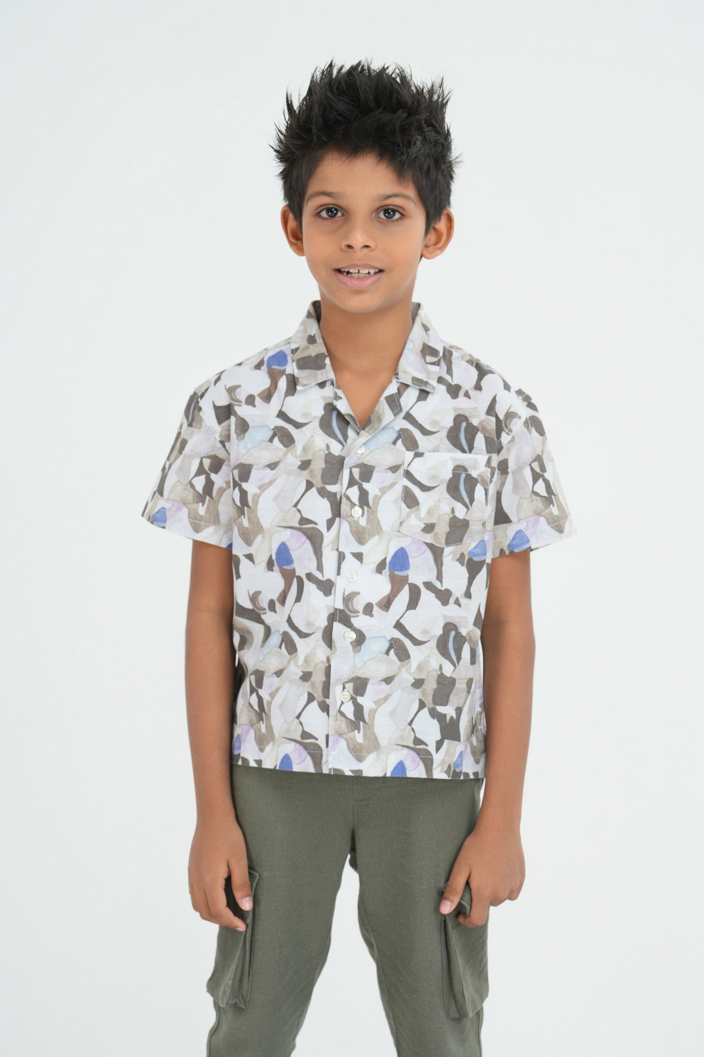 Kids' Floral Printed Linen Cotton Shirt – Cuban Collar, Natural | AnationZ Junior