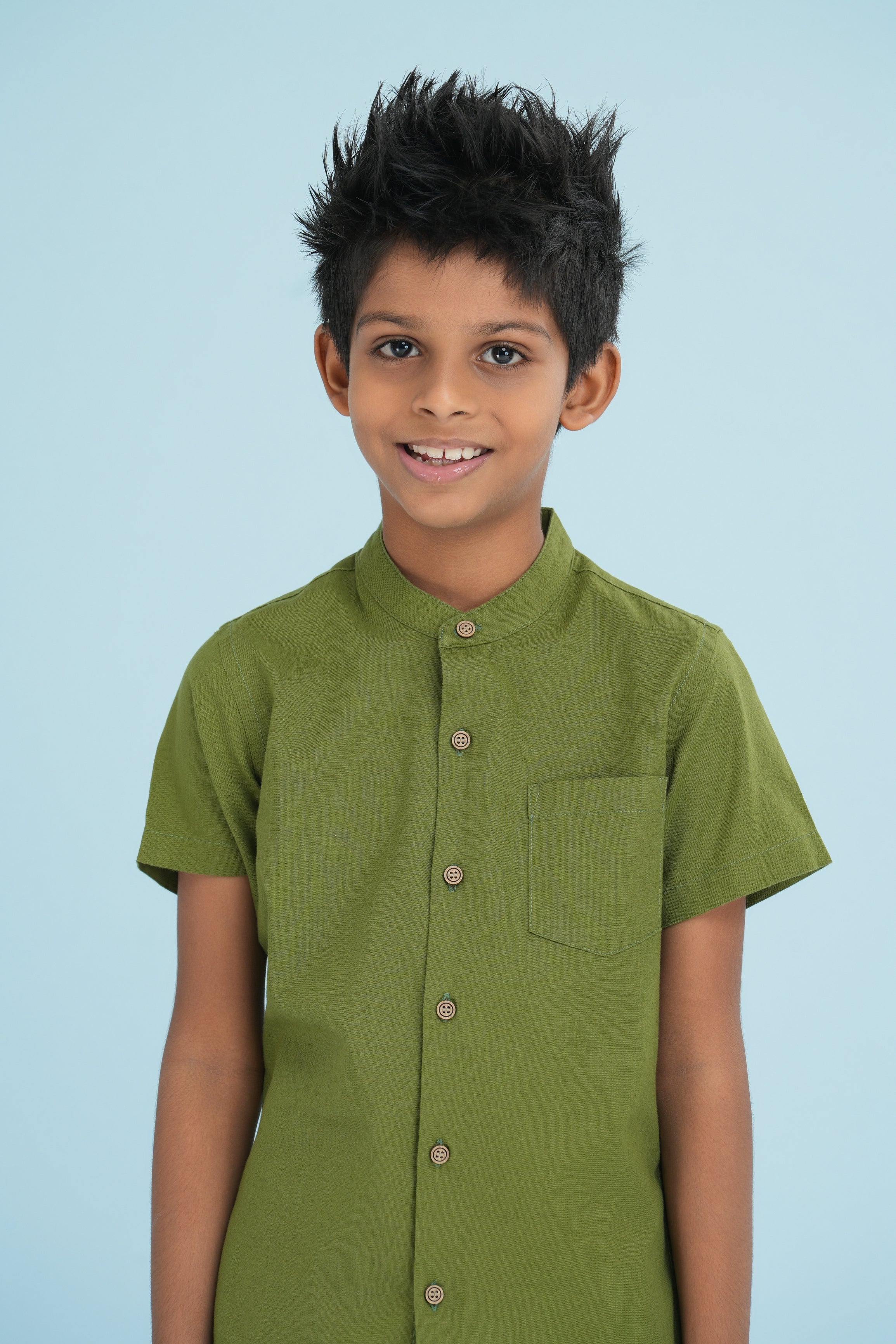 Kids' Linen Chinese Collar Shirt – Olive Green | AnationZ Junior