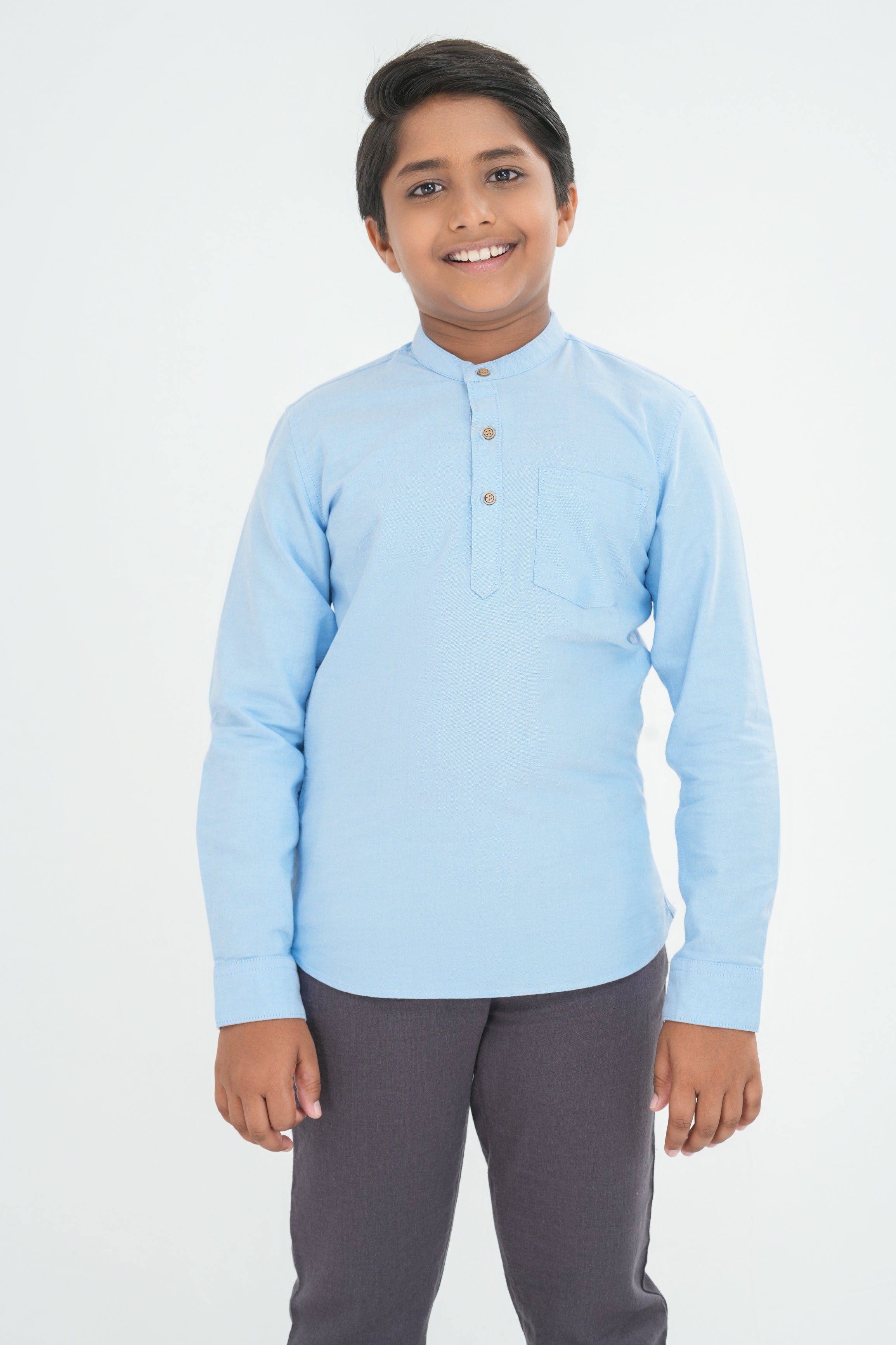 Kids' Oxford Cotton Long Sleeve Kurtha – Light Blue | AnationZ Junior