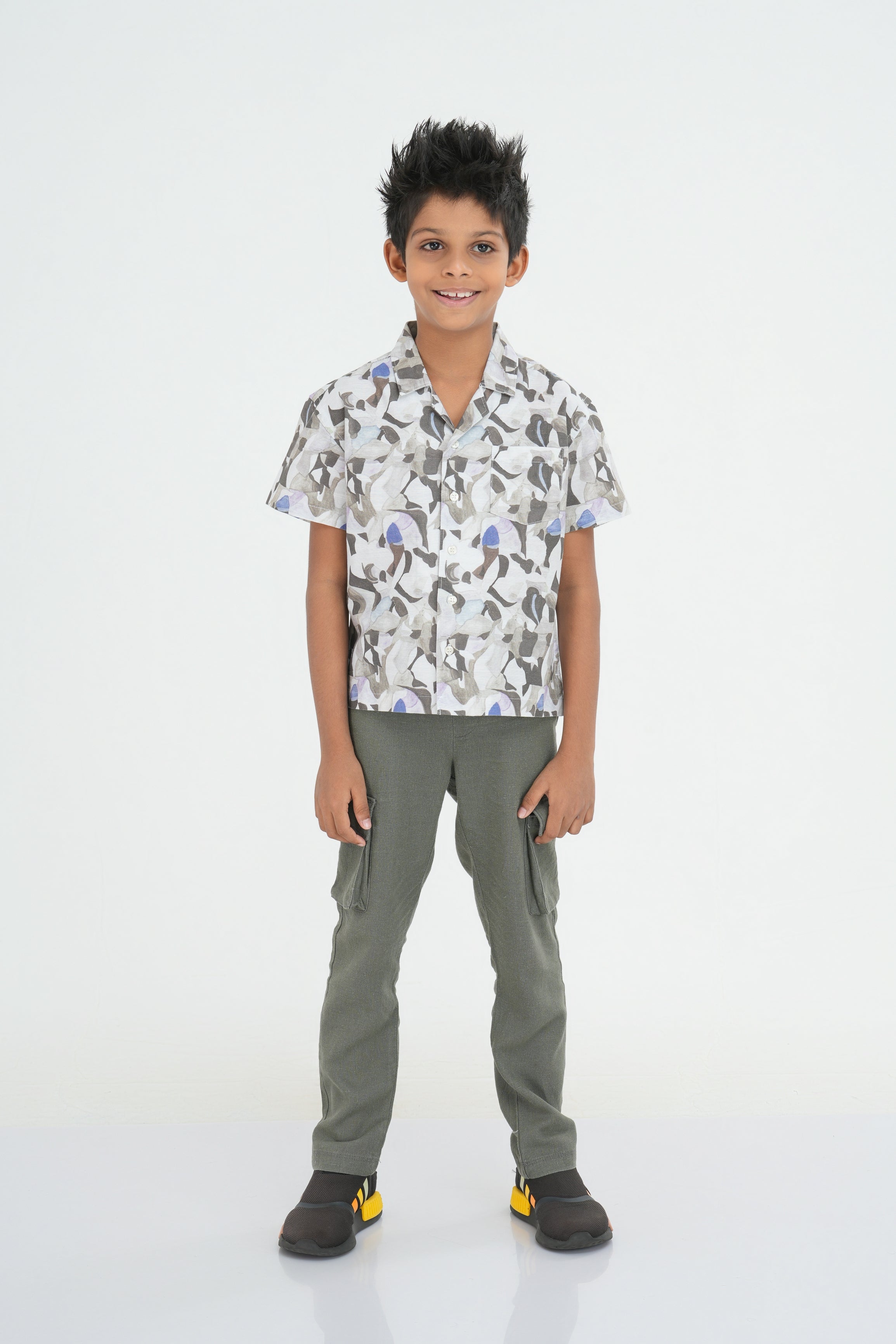 Kids' Floral Printed Linen Cotton Shirt – Cuban Collar, Natural | AnationZ Junior