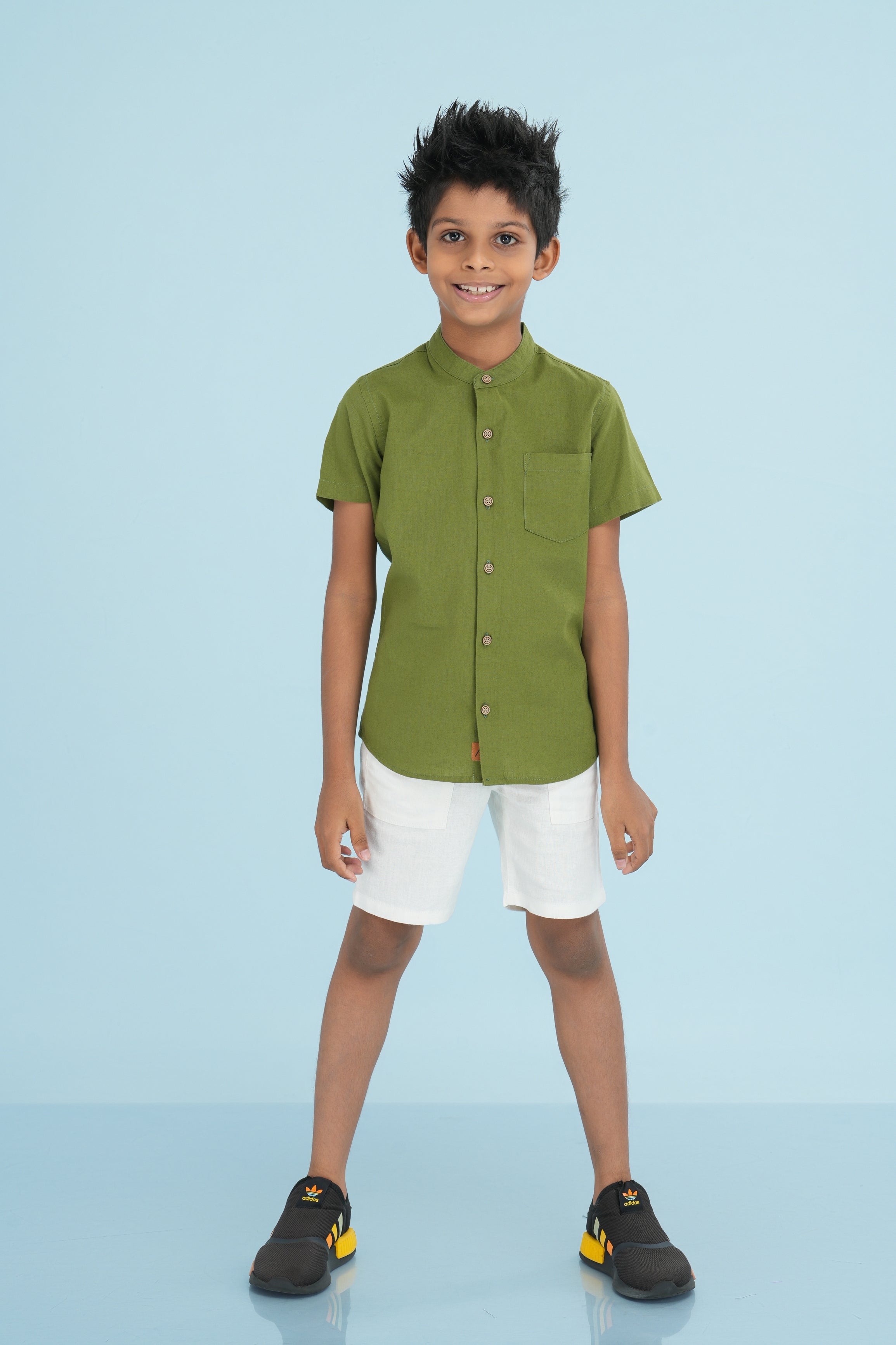 Kids' Linen Chinese Collar Shirt – Olive Green | AnationZ Junior