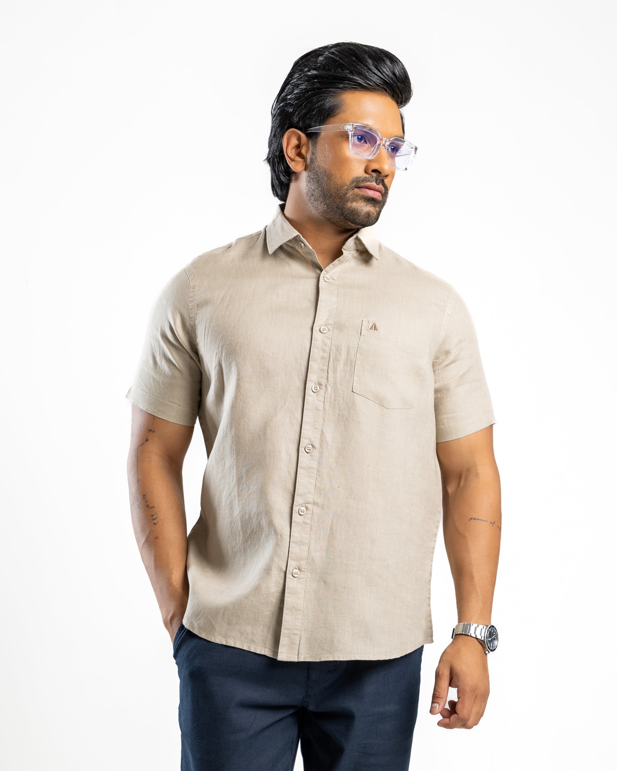 LINEN Short Sleeve Shirt- Ivory Sand