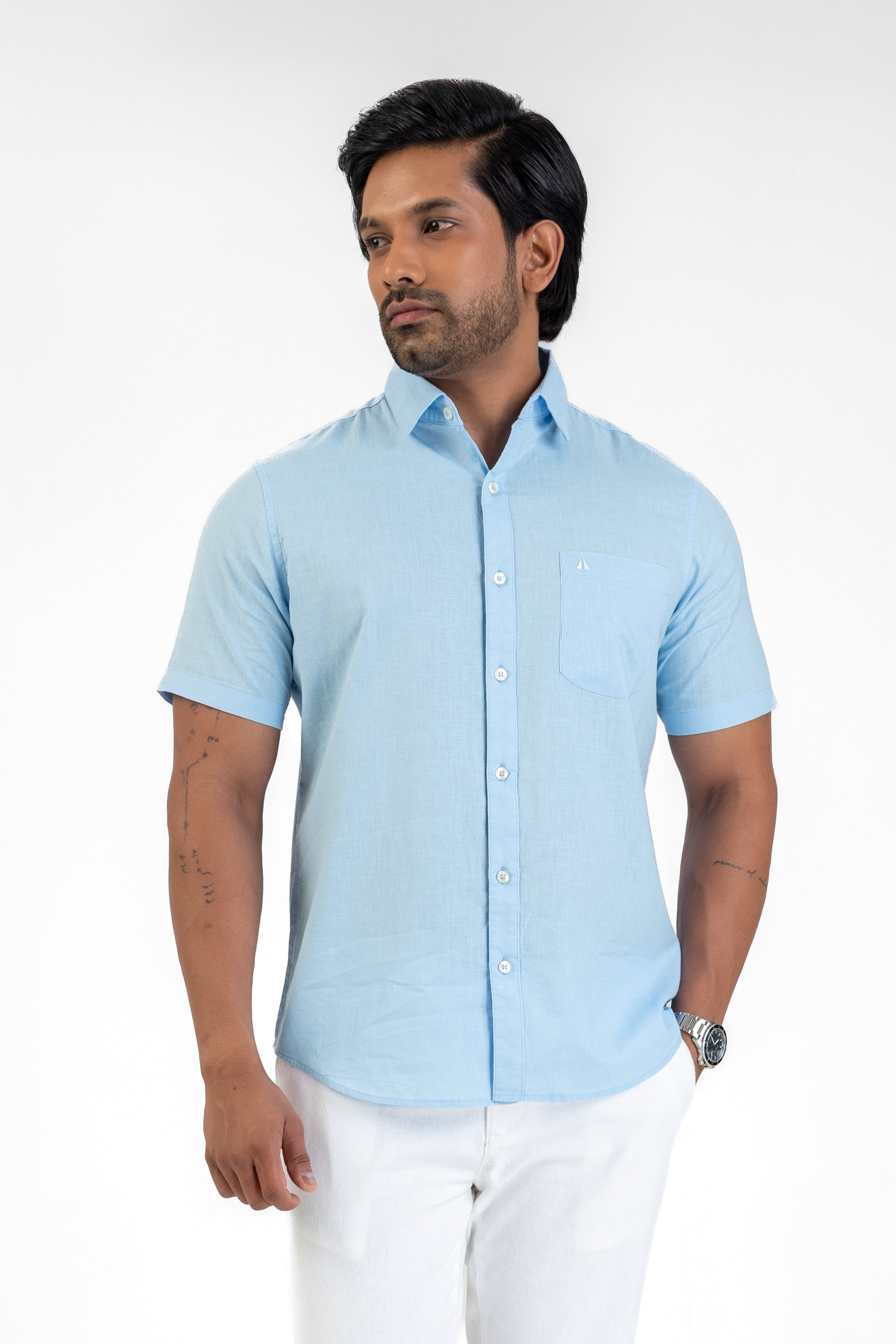 Short Sleeve Linen Cotton Shirt – Light Blue