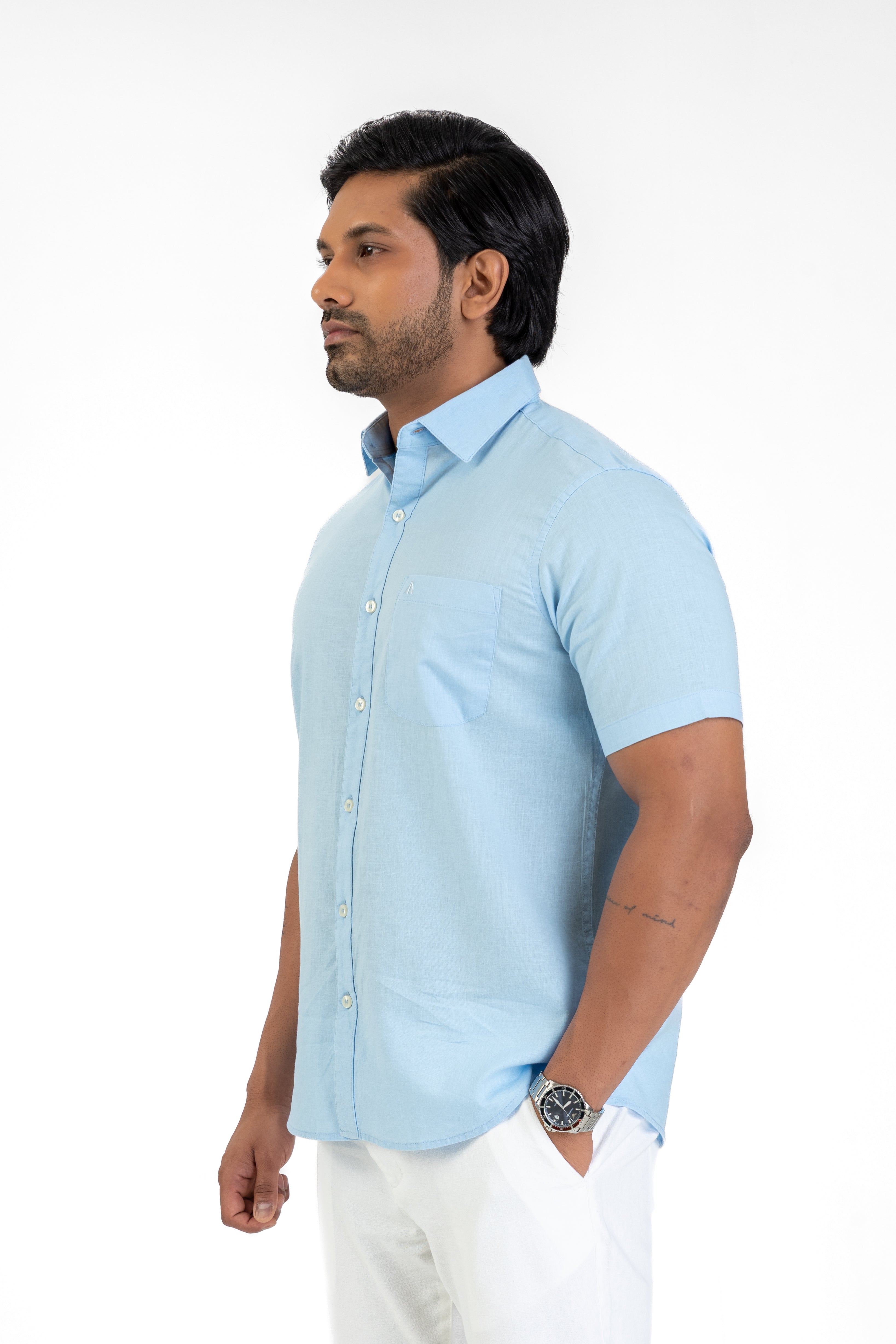 Short Sleeve Linen Cotton Shirt – Light Blue