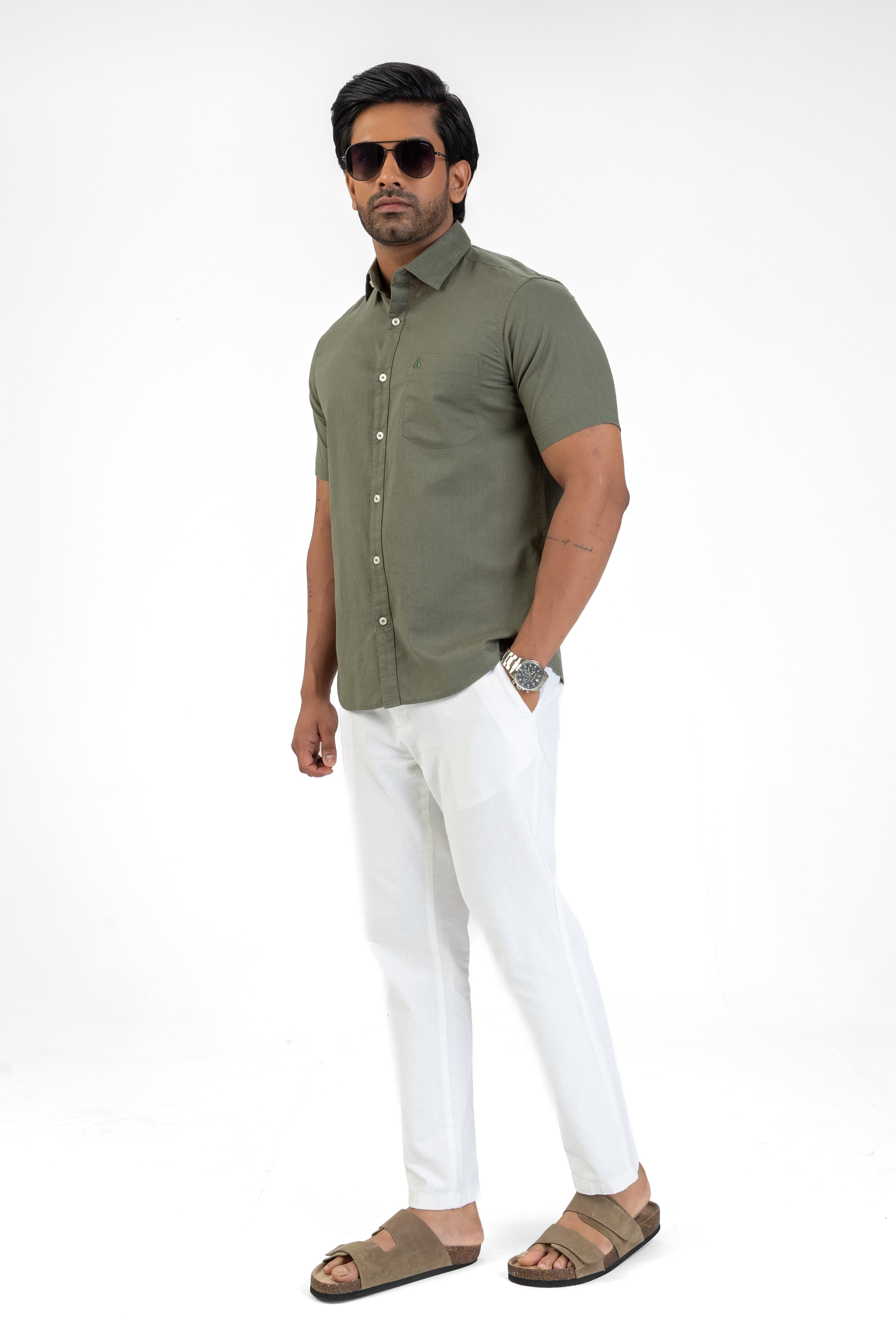 Short Sleeve Linen Cotton Shirt – Olive