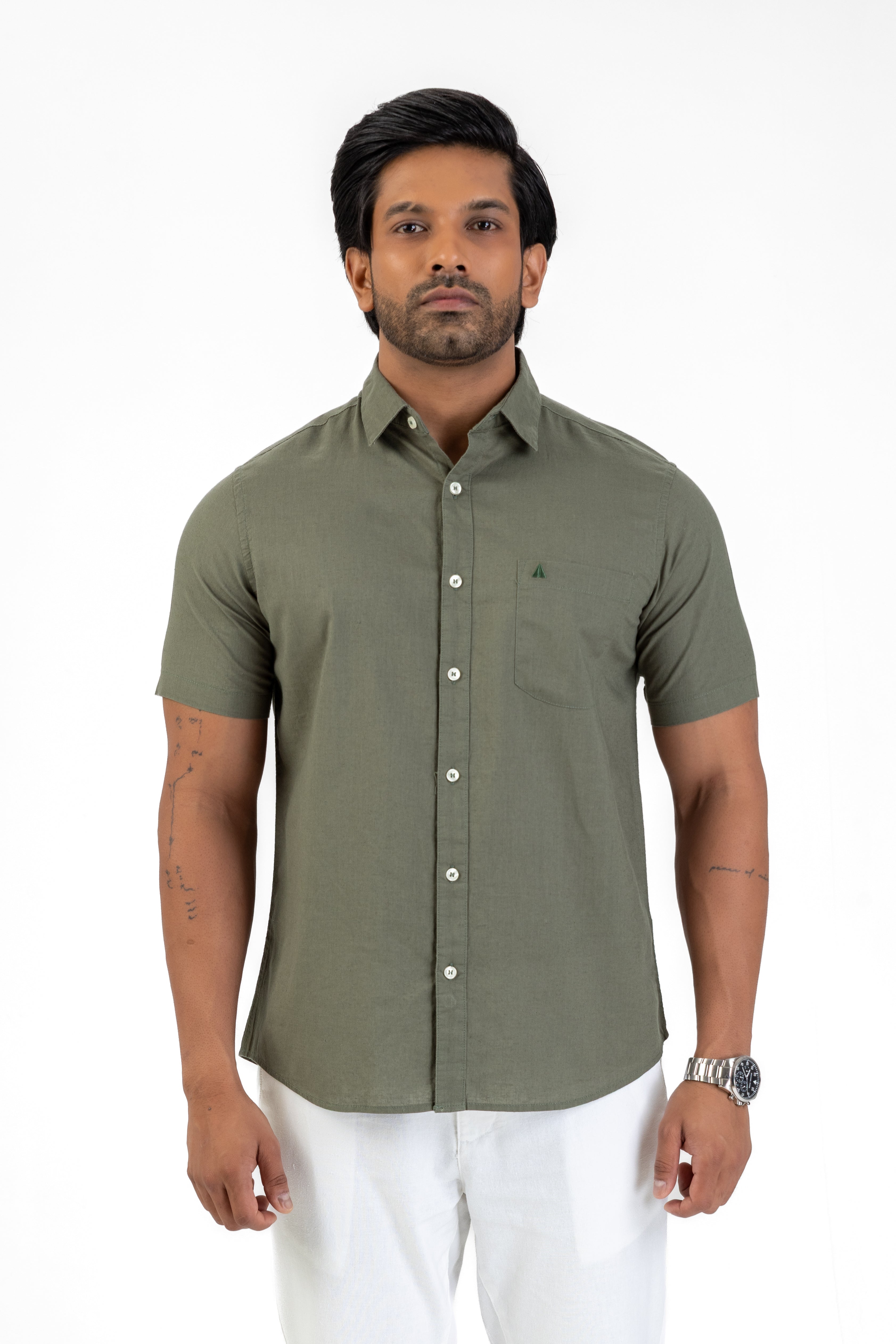 Short Sleeve Linen Cotton Shirt – Olive