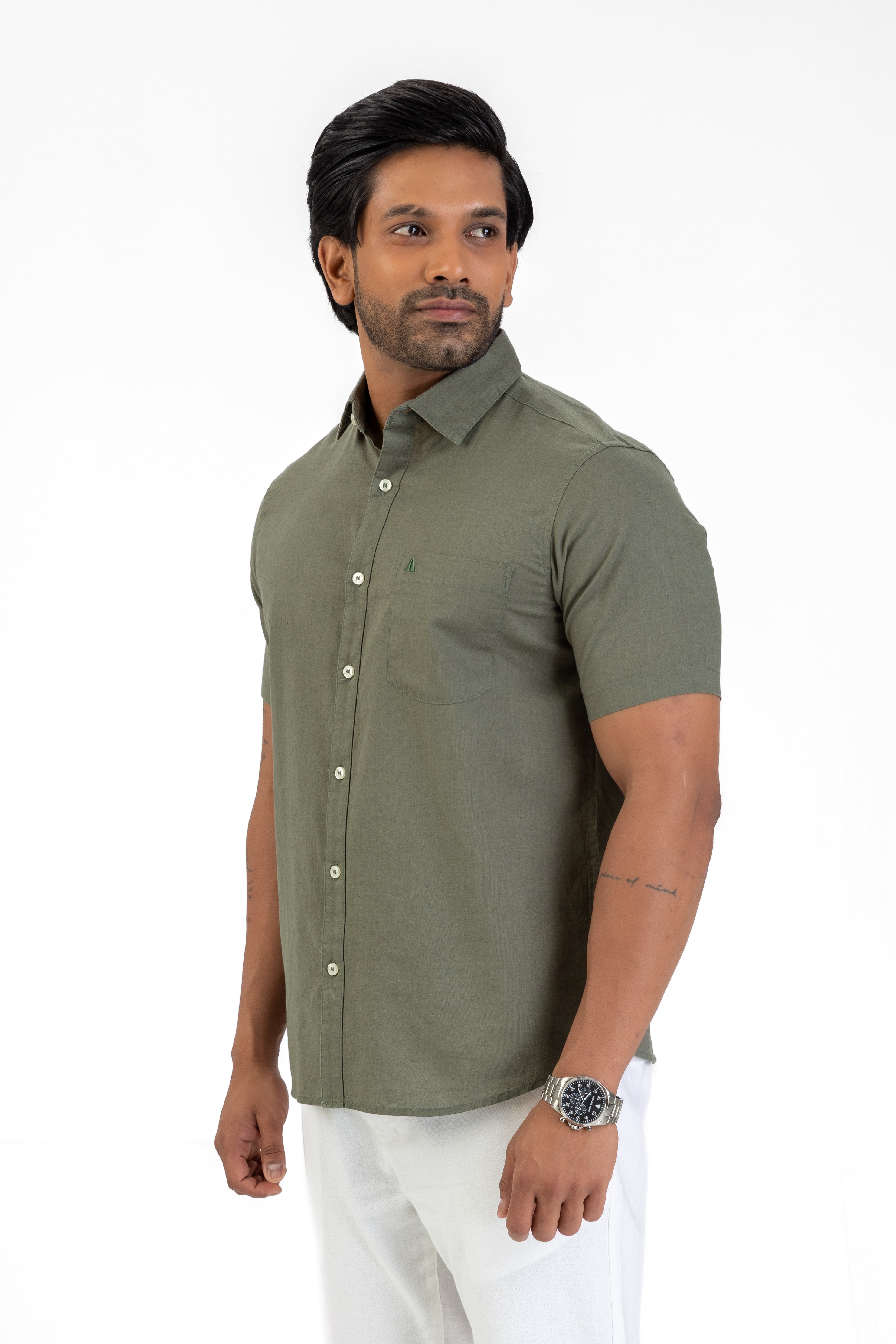 Short Sleeve Linen Cotton Shirt – Olive
