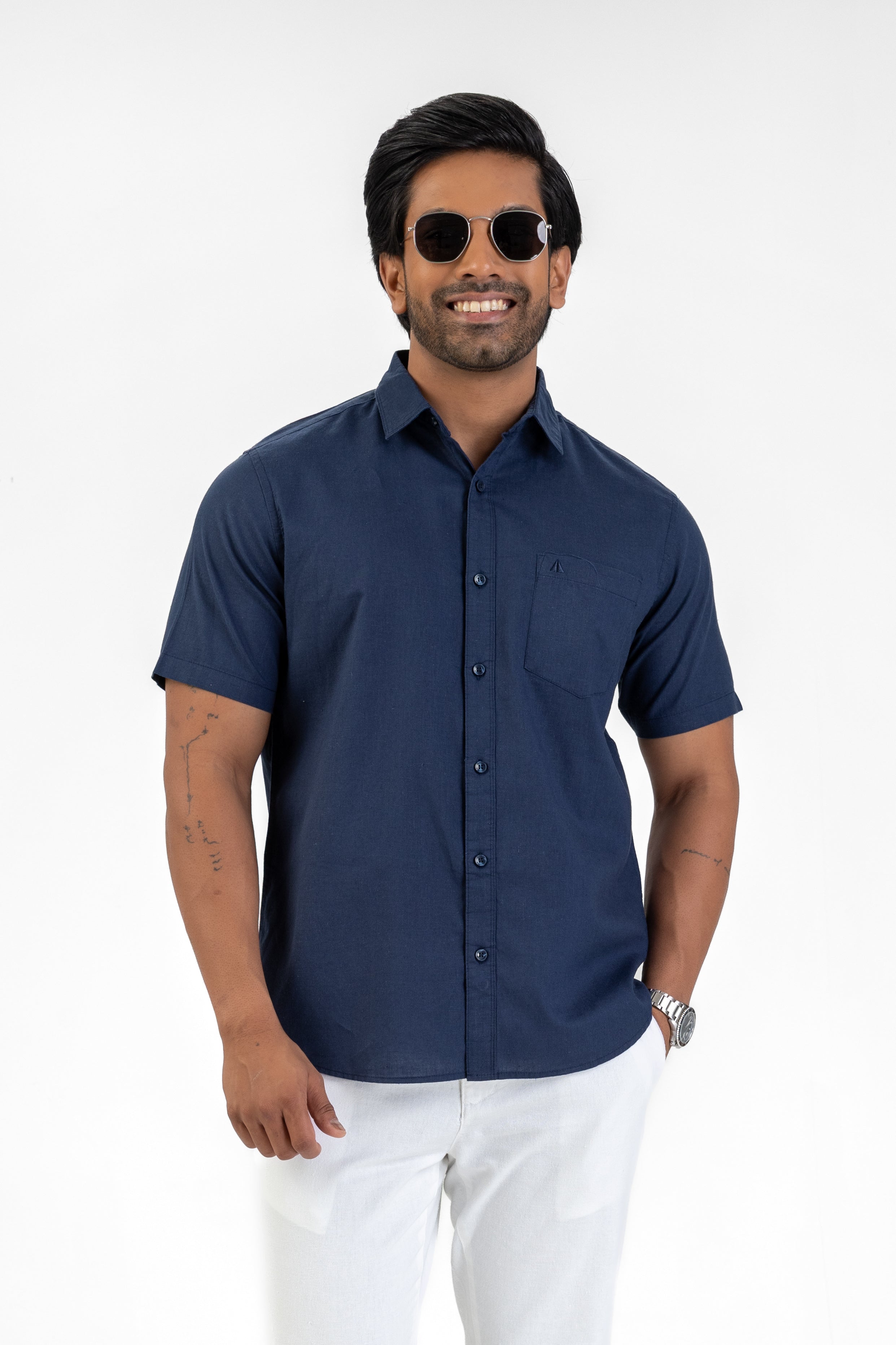 Short Sleeve Linen Cotton Shirt – Navy