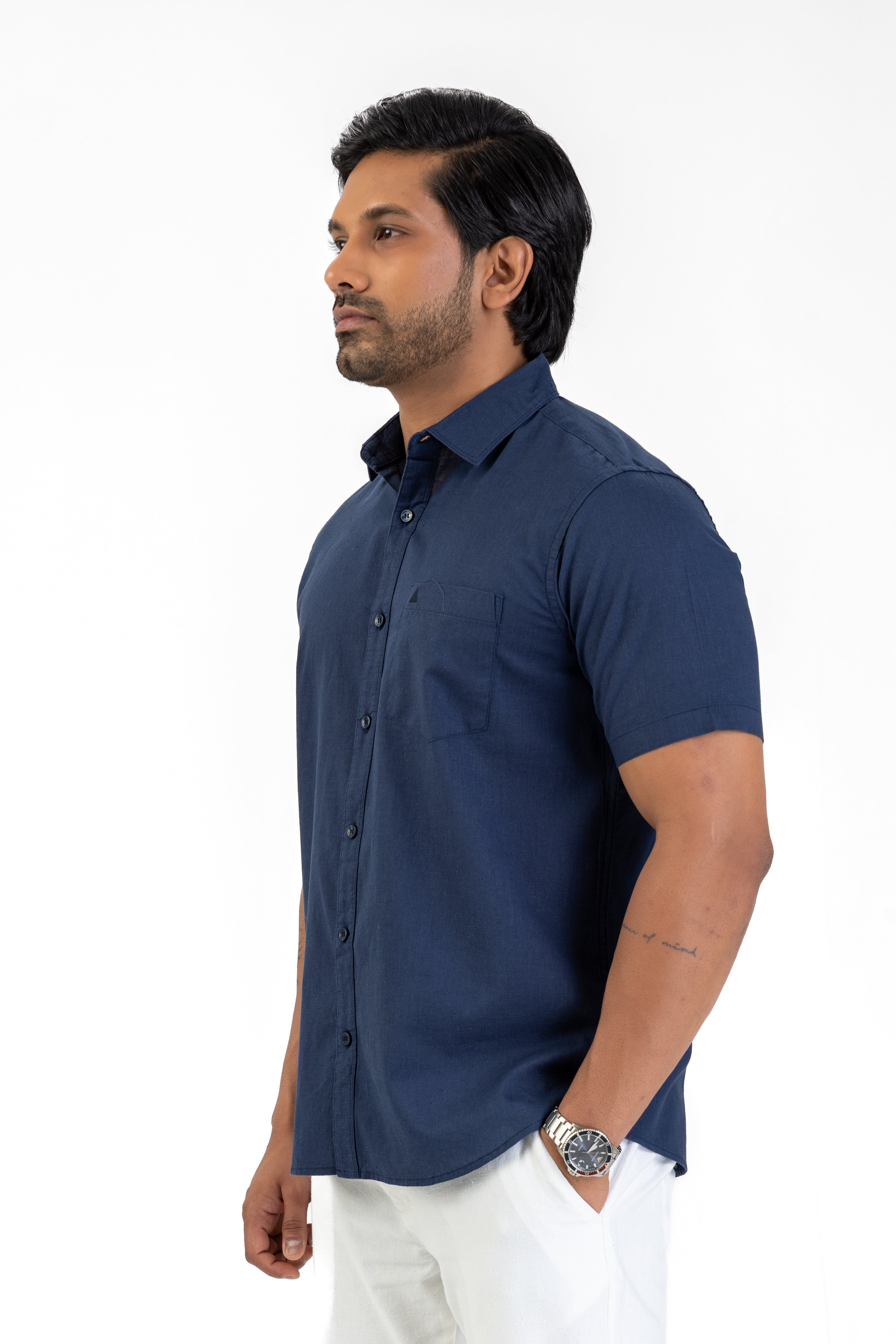 Short Sleeve Linen Cotton Shirt – Navy