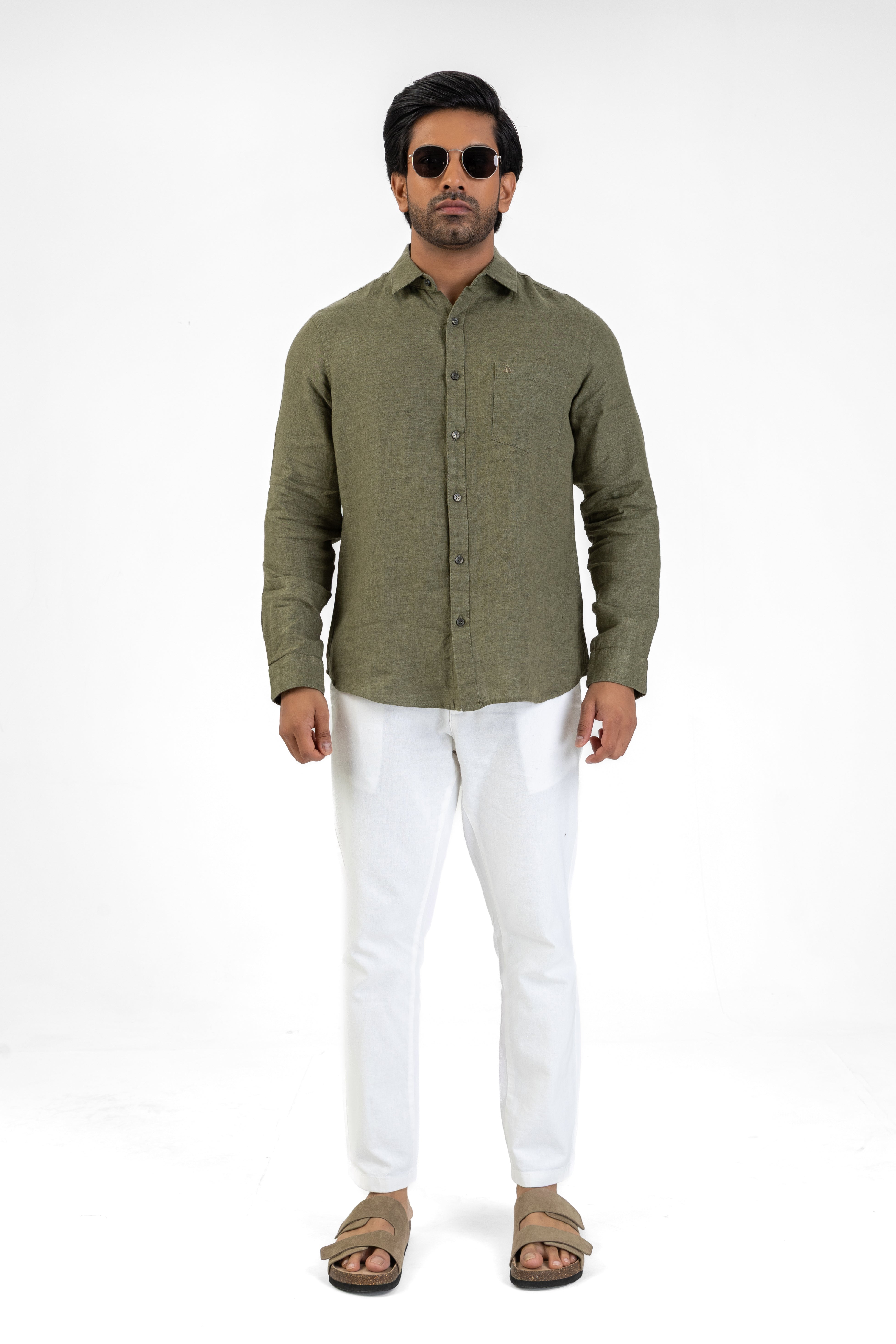 100% Linen Long Sleeve Shirt – Olive
