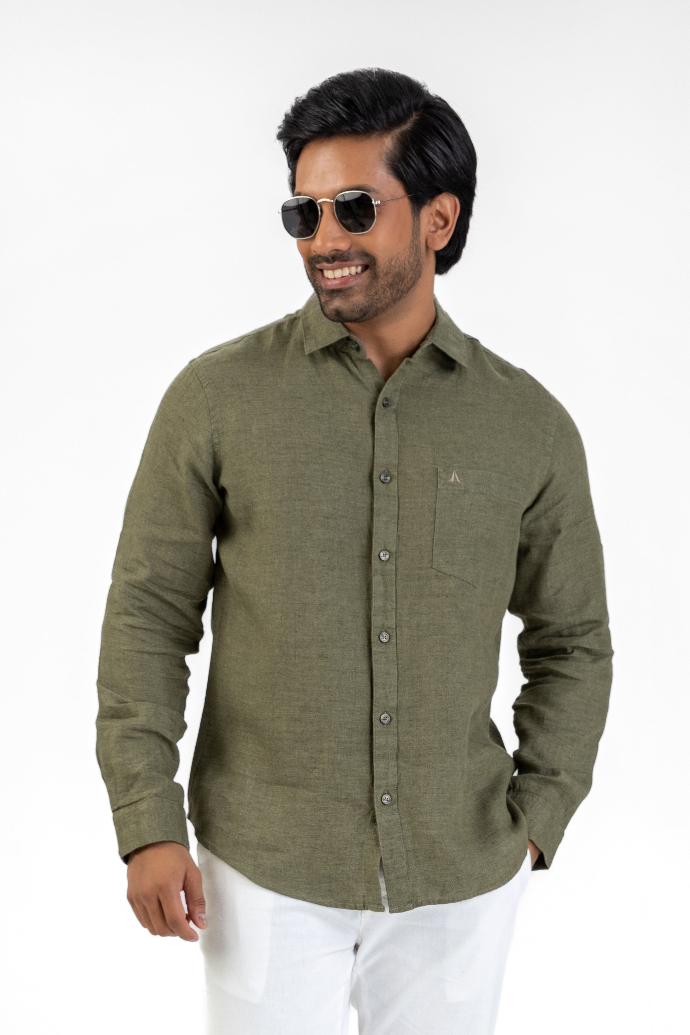 100% Linen Long Sleeve Shirt – Olive