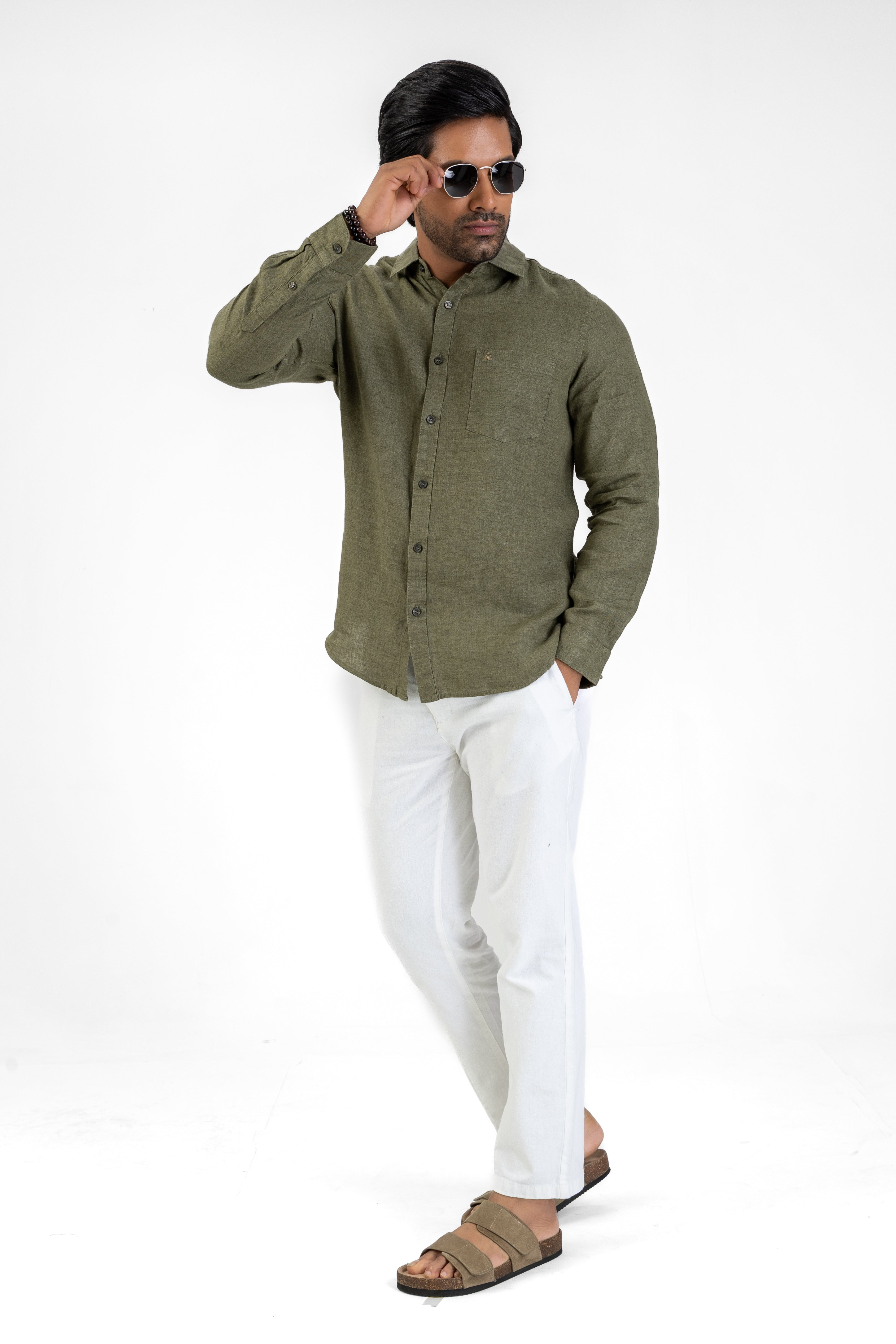 100% Linen Long Sleeve Shirt – Olive