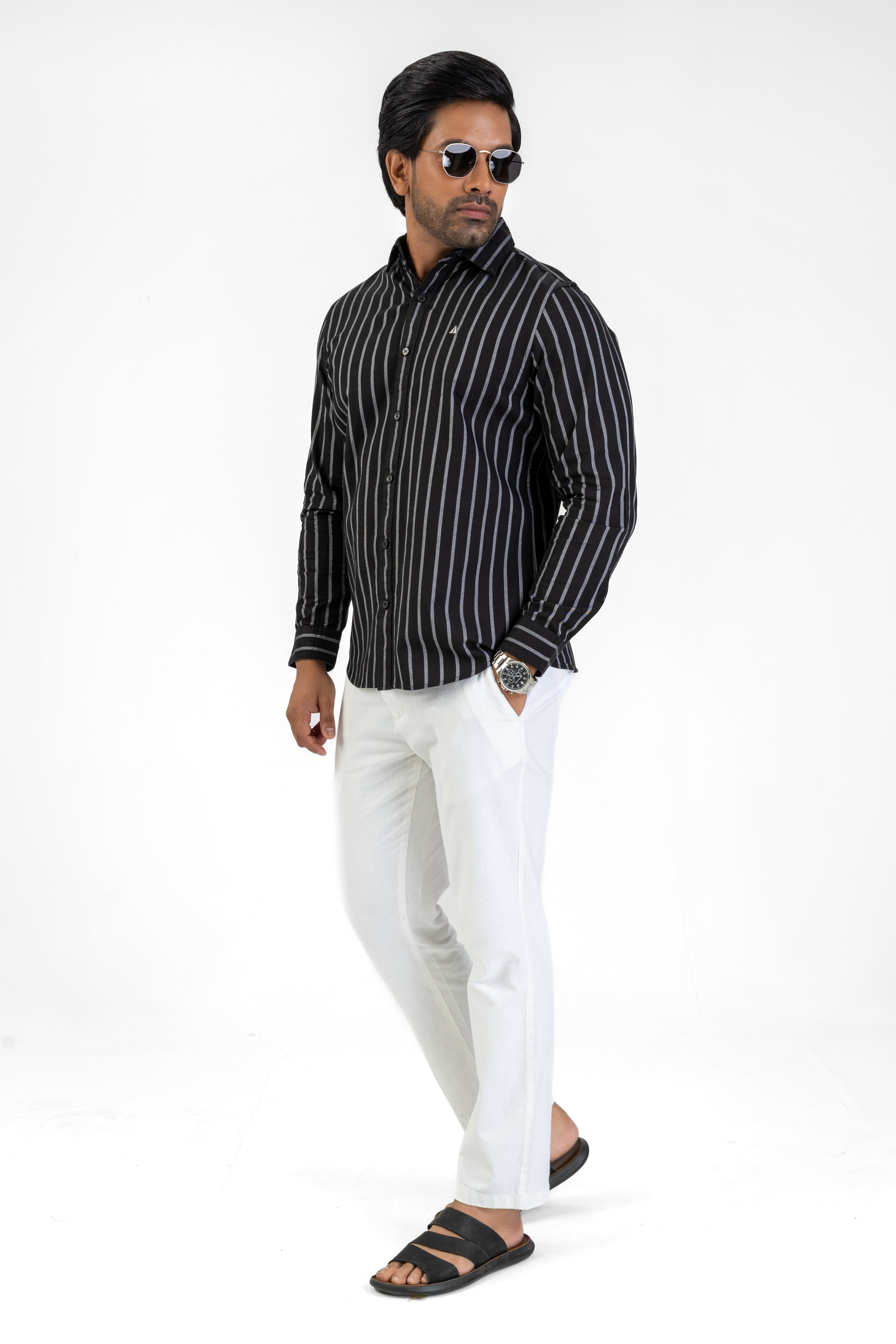 Cotton Stripe Long Sleeve Shirt – Black | AnationZ