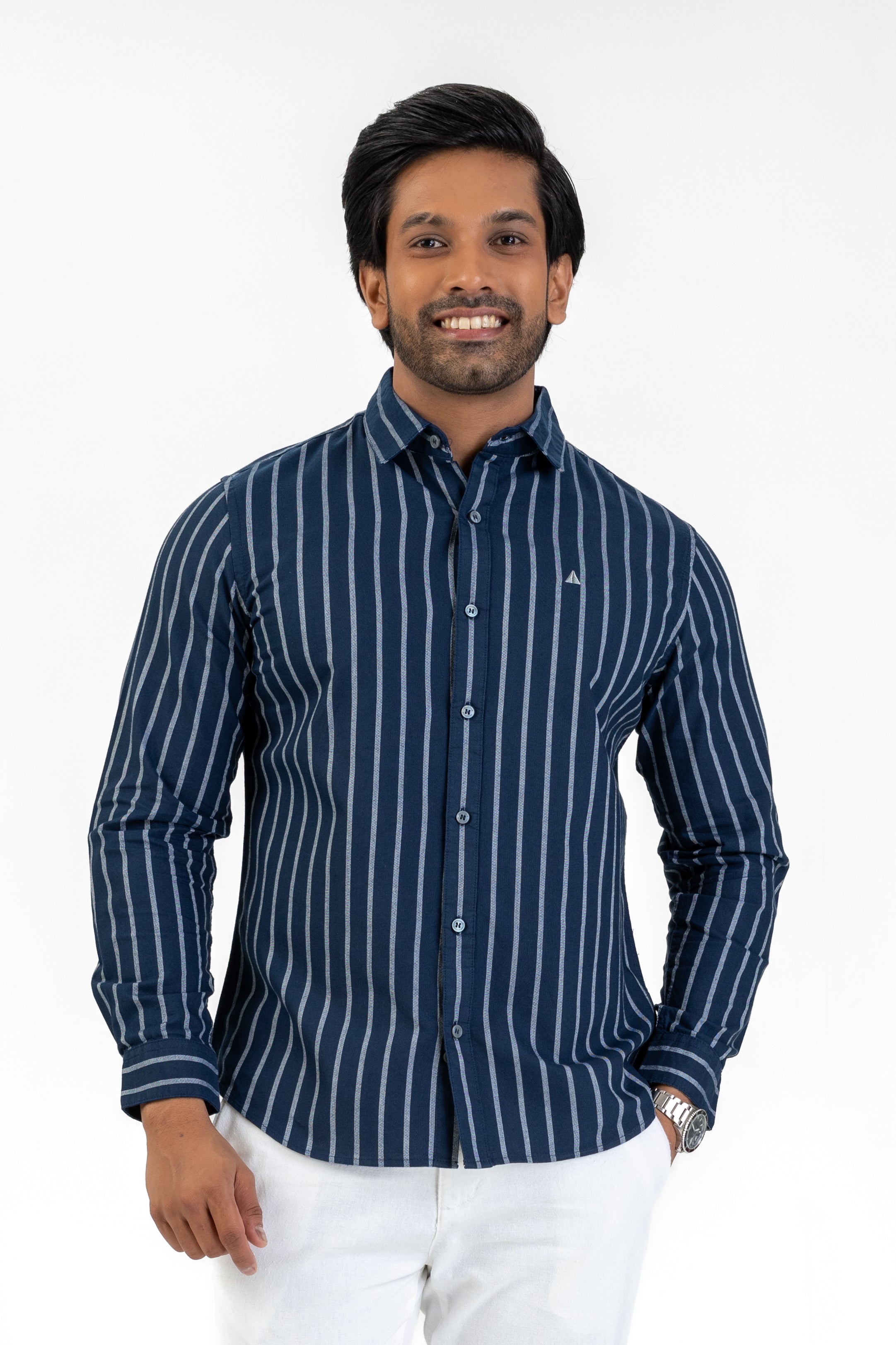 Cotton Stripe Long Sleeve Shirt – Navy | AnationZ