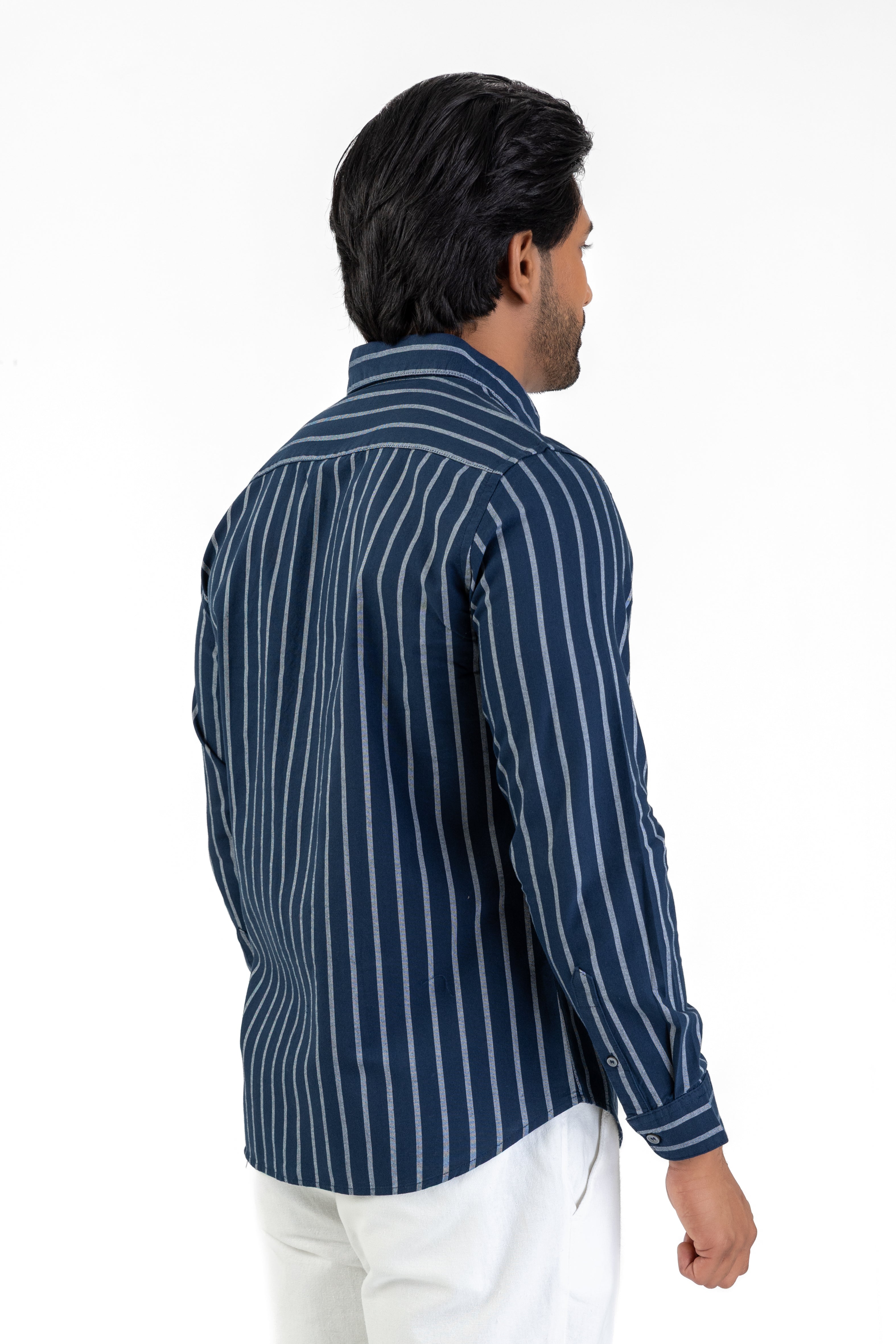 Cotton Stripe Long Sleeve Shirt – Navy | AnationZ