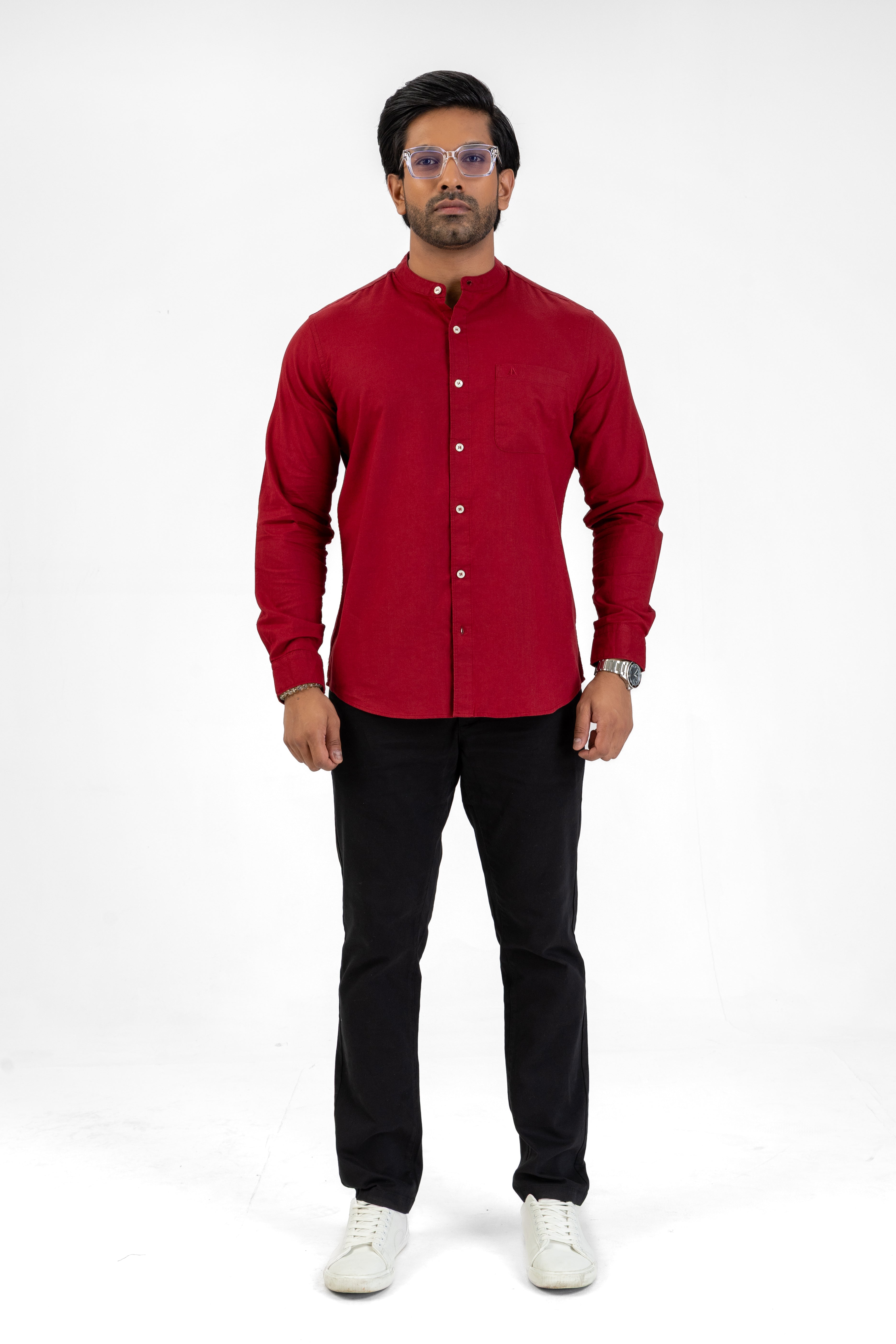 Slub Linen Cotton Chinese Collar Shirt – Maroon