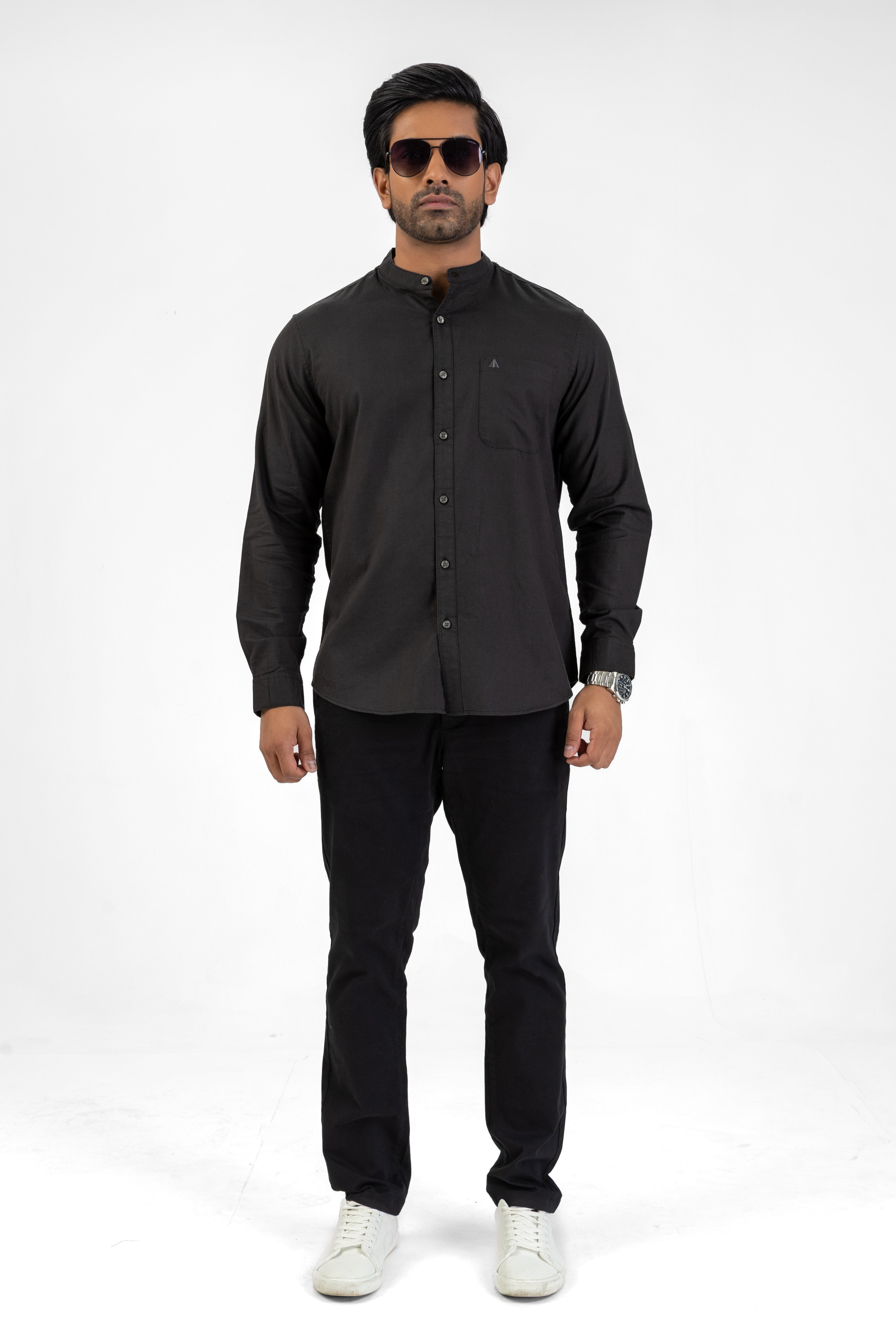 Slub Linen Cotton Chinese Collar Shirt – Black