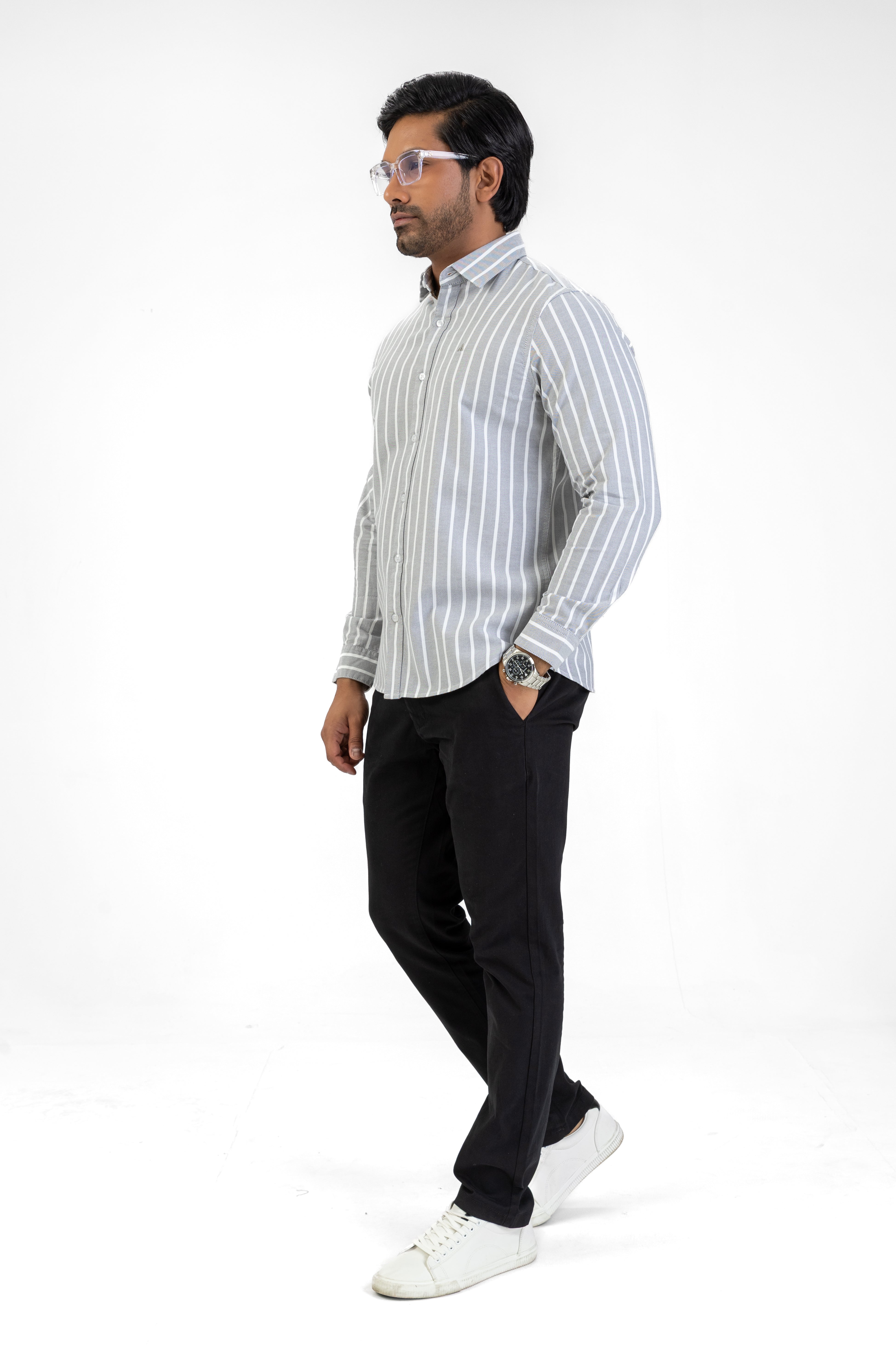 Cotton Stripe Long Sleeve Shirt – Grey | AnationZ