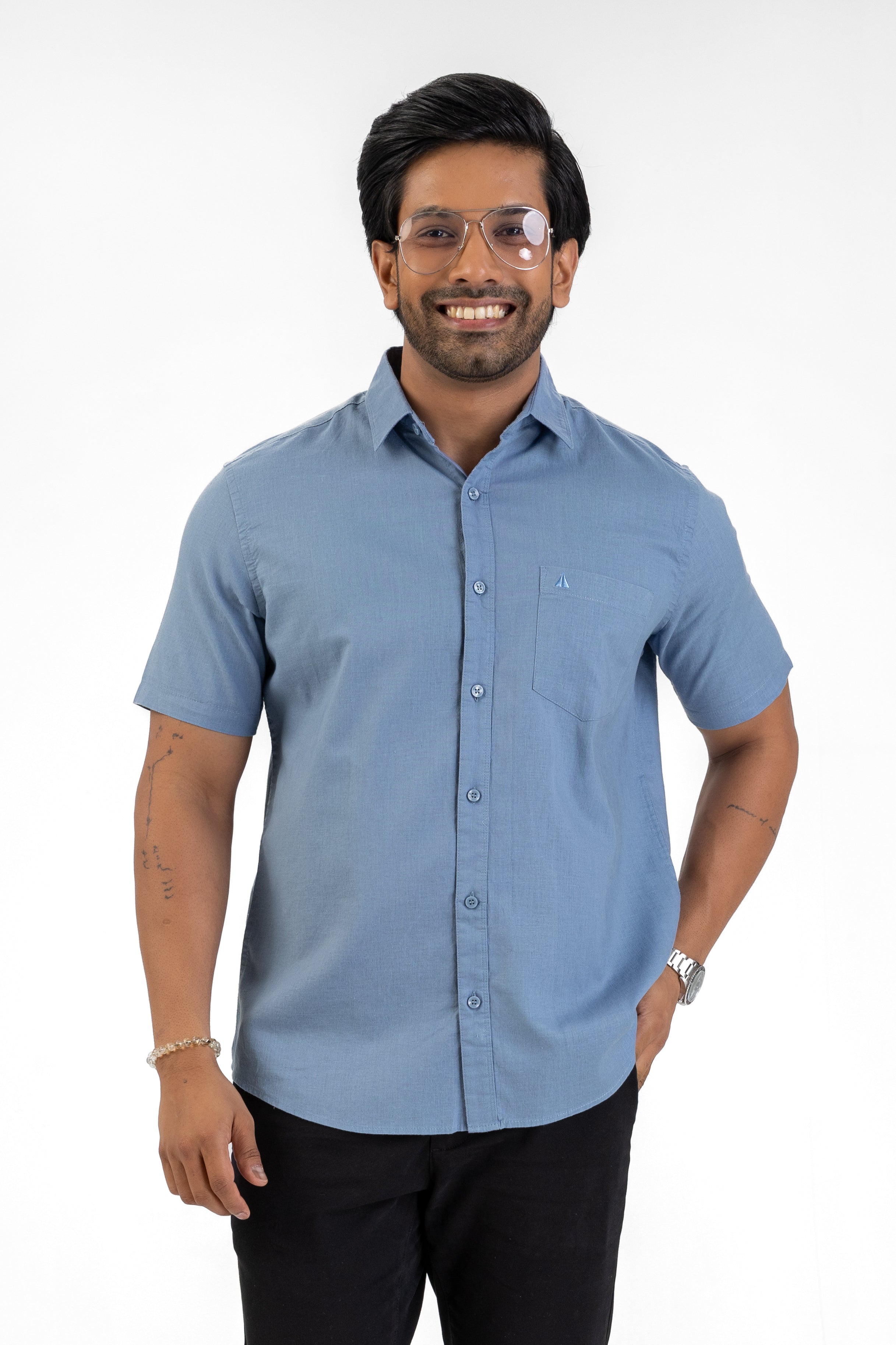 Short Sleeve Linen Cotton Shirt – Medium Blue