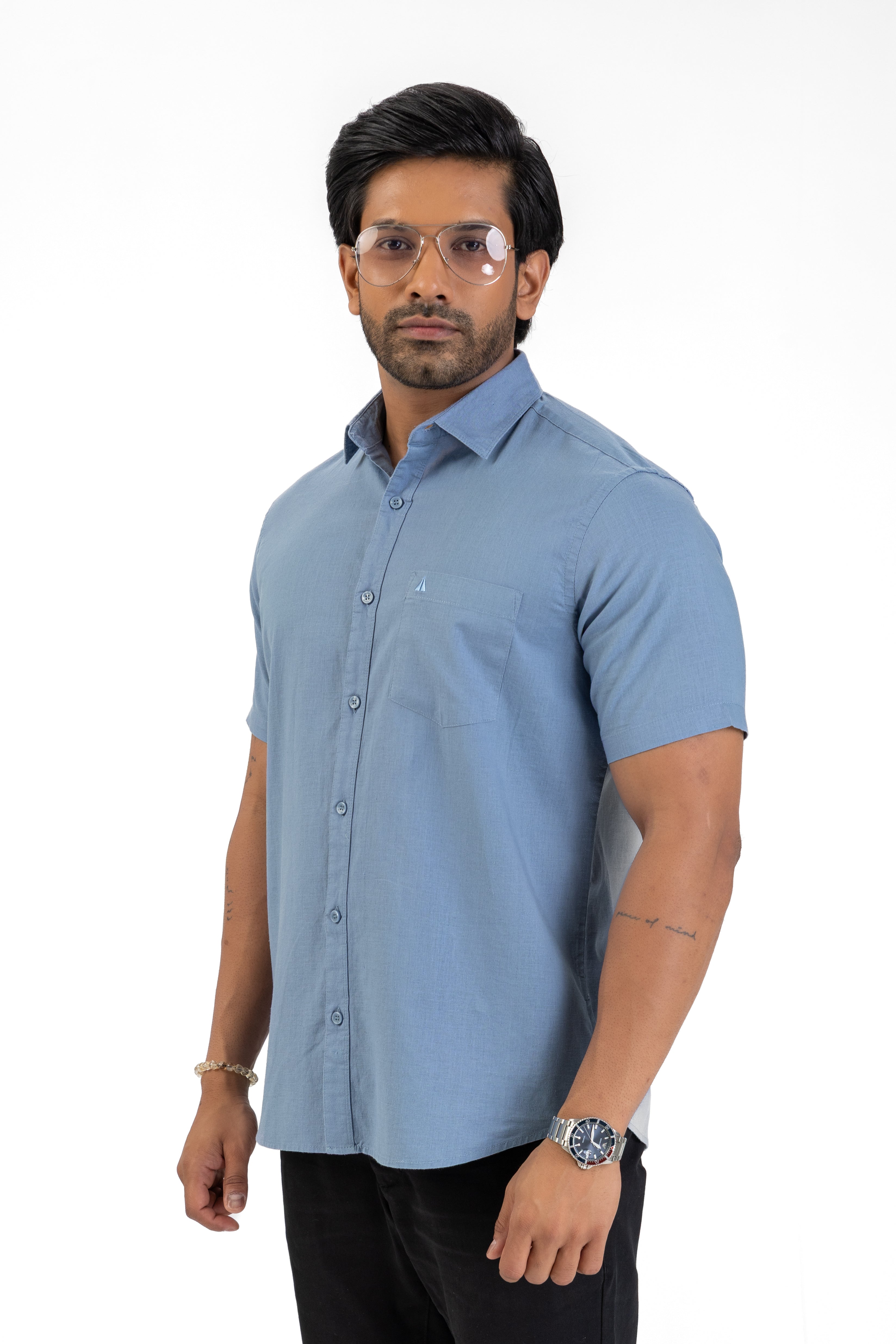 Short Sleeve Linen Cotton Shirt – Medium Blue