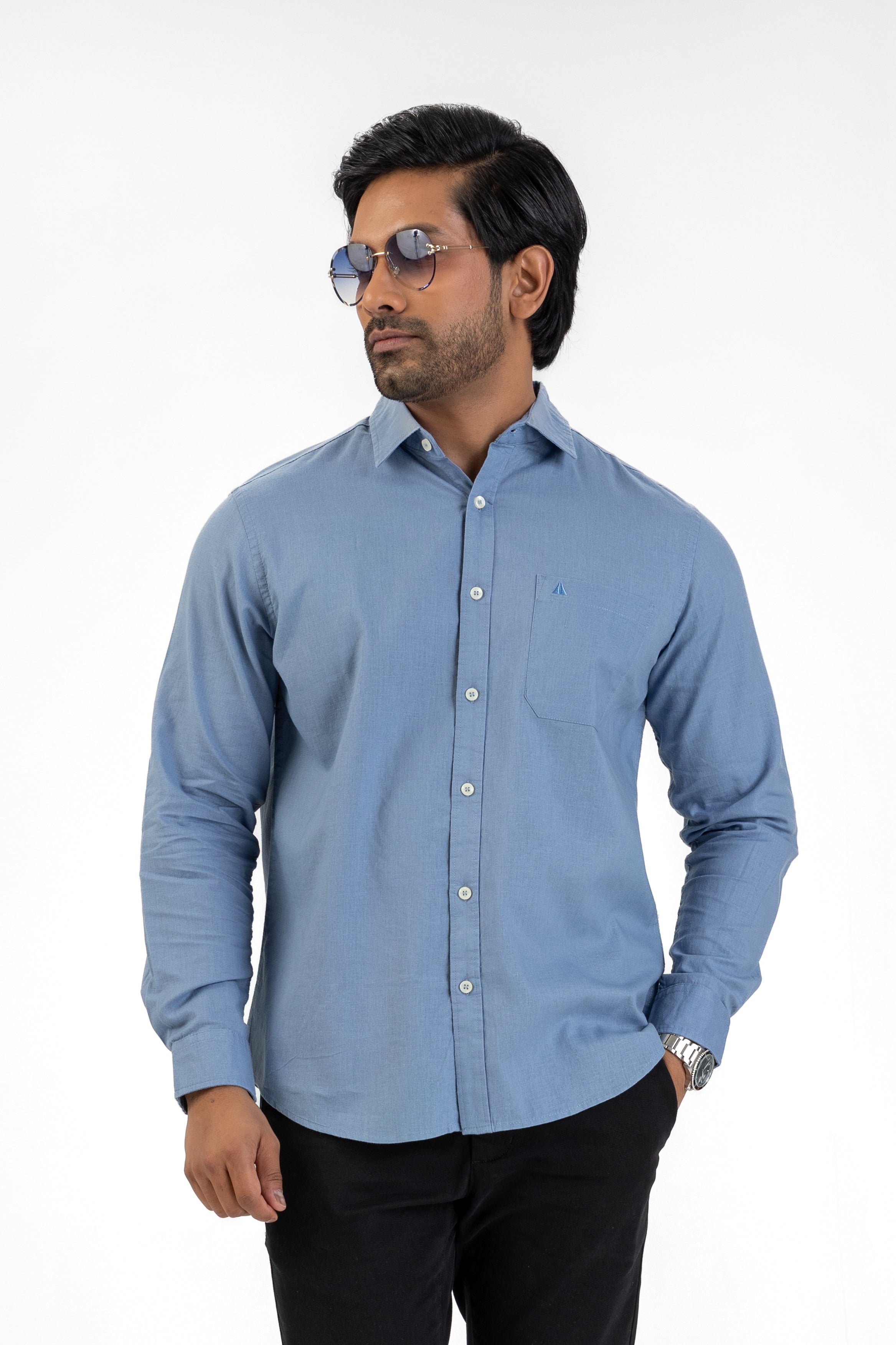 Linen Cotton Long Sleeve Shirt – Medium Blue
