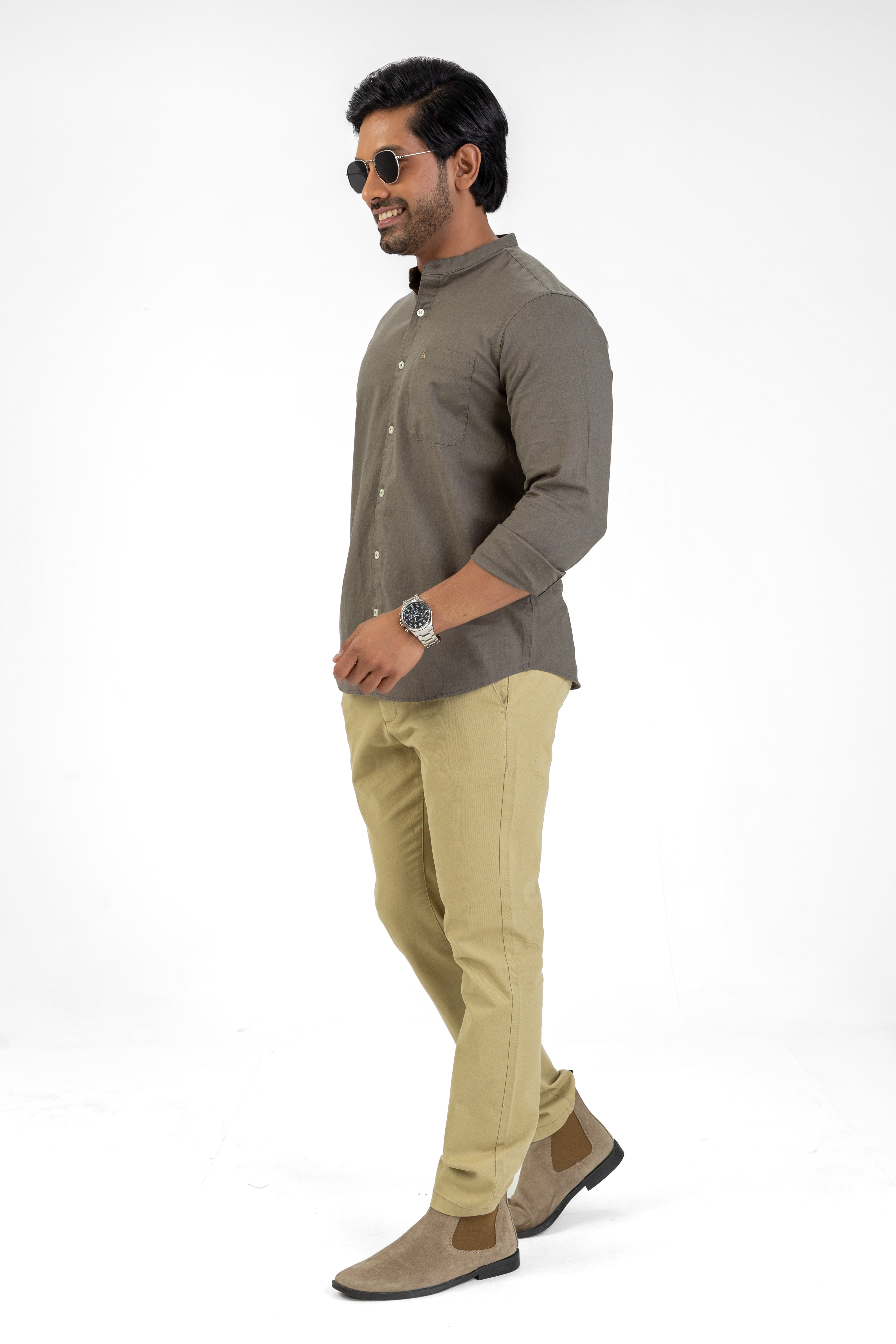 Slub Linen Cotton Chinese Collar Shirt – Dark Green