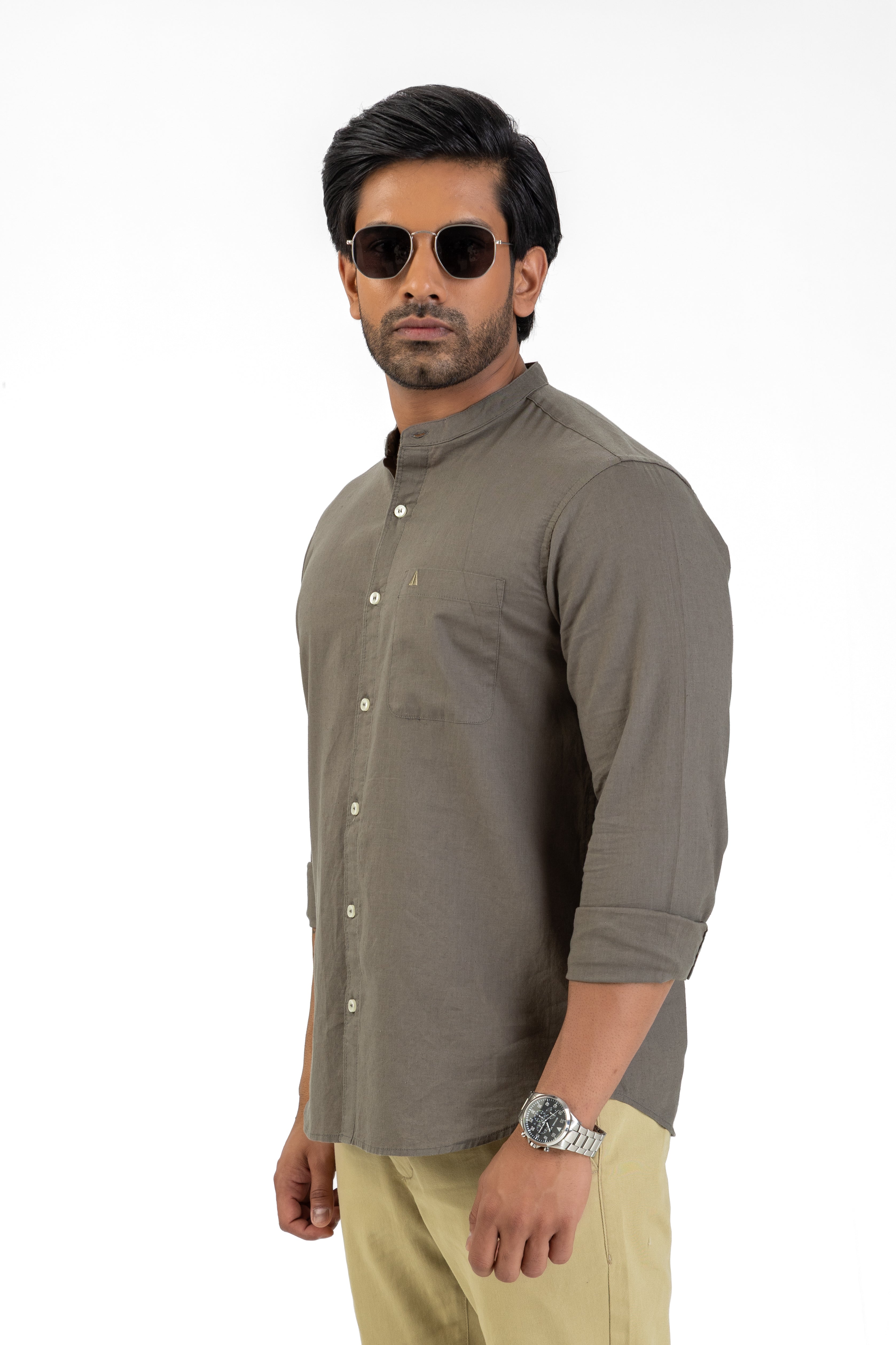 Slub Linen Cotton Chinese Collar Shirt – Dark Green