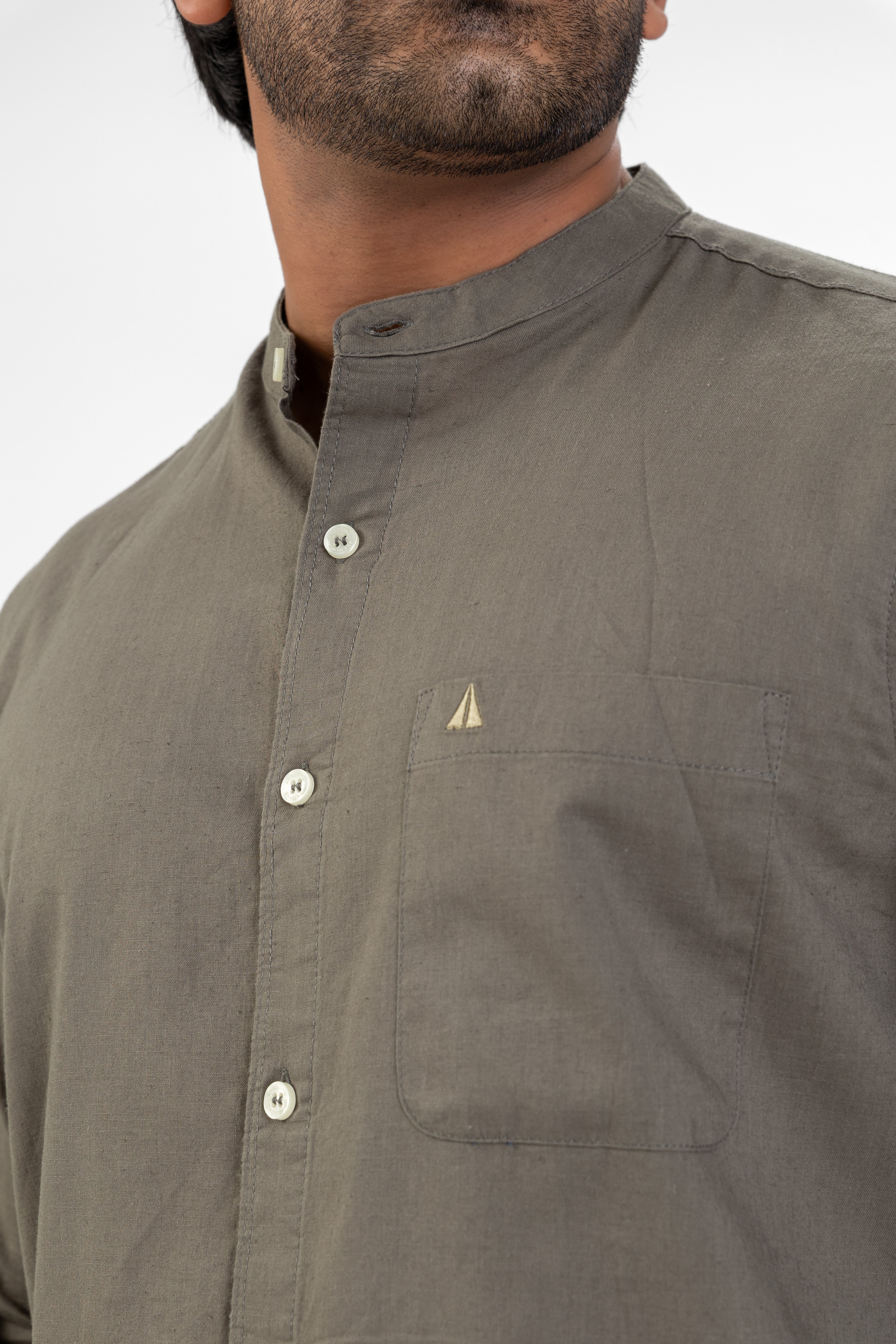 Slub Linen Cotton Chinese Collar Shirt – Dark Green