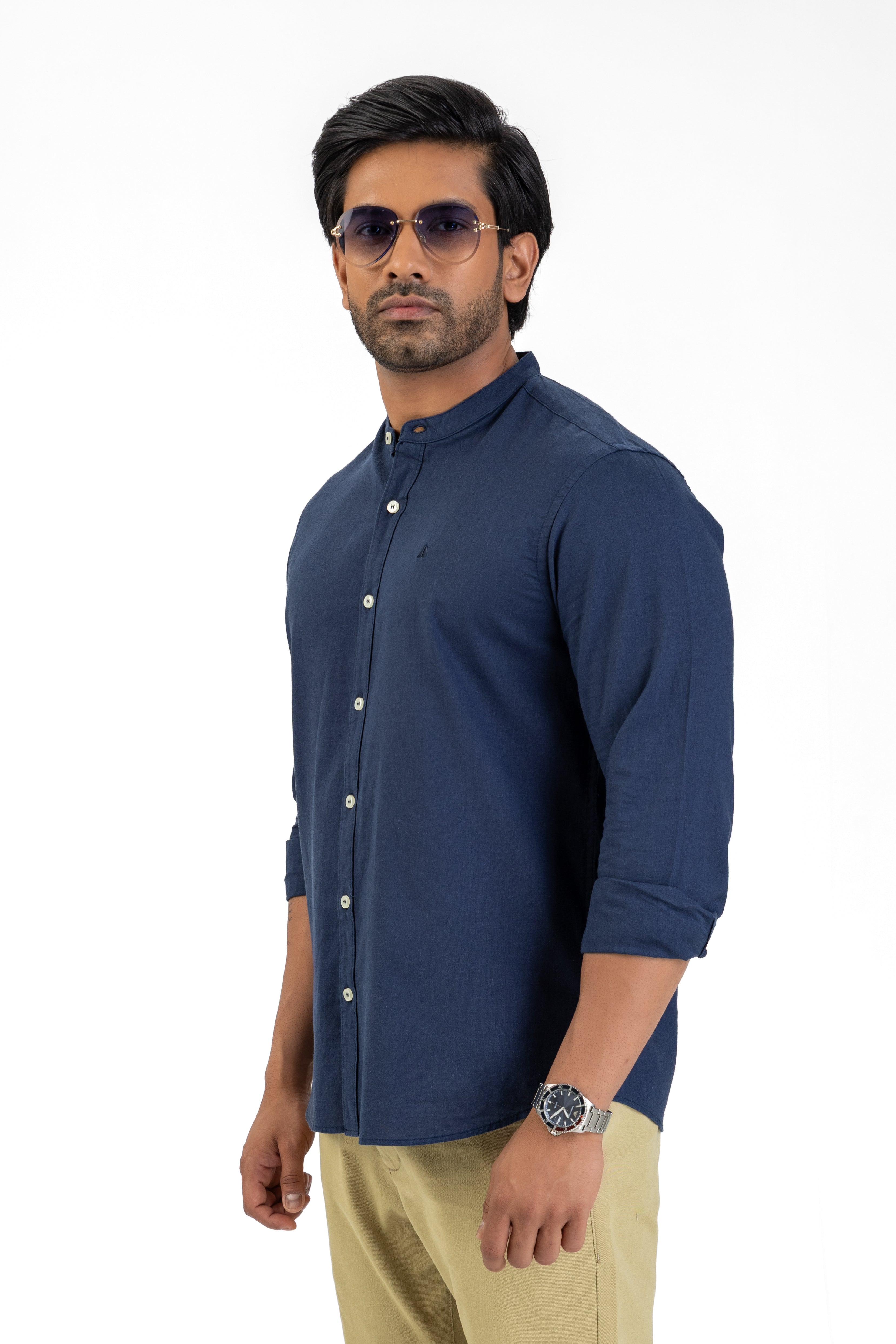 Linen Cotton Chinese Collar Shirt – Navy