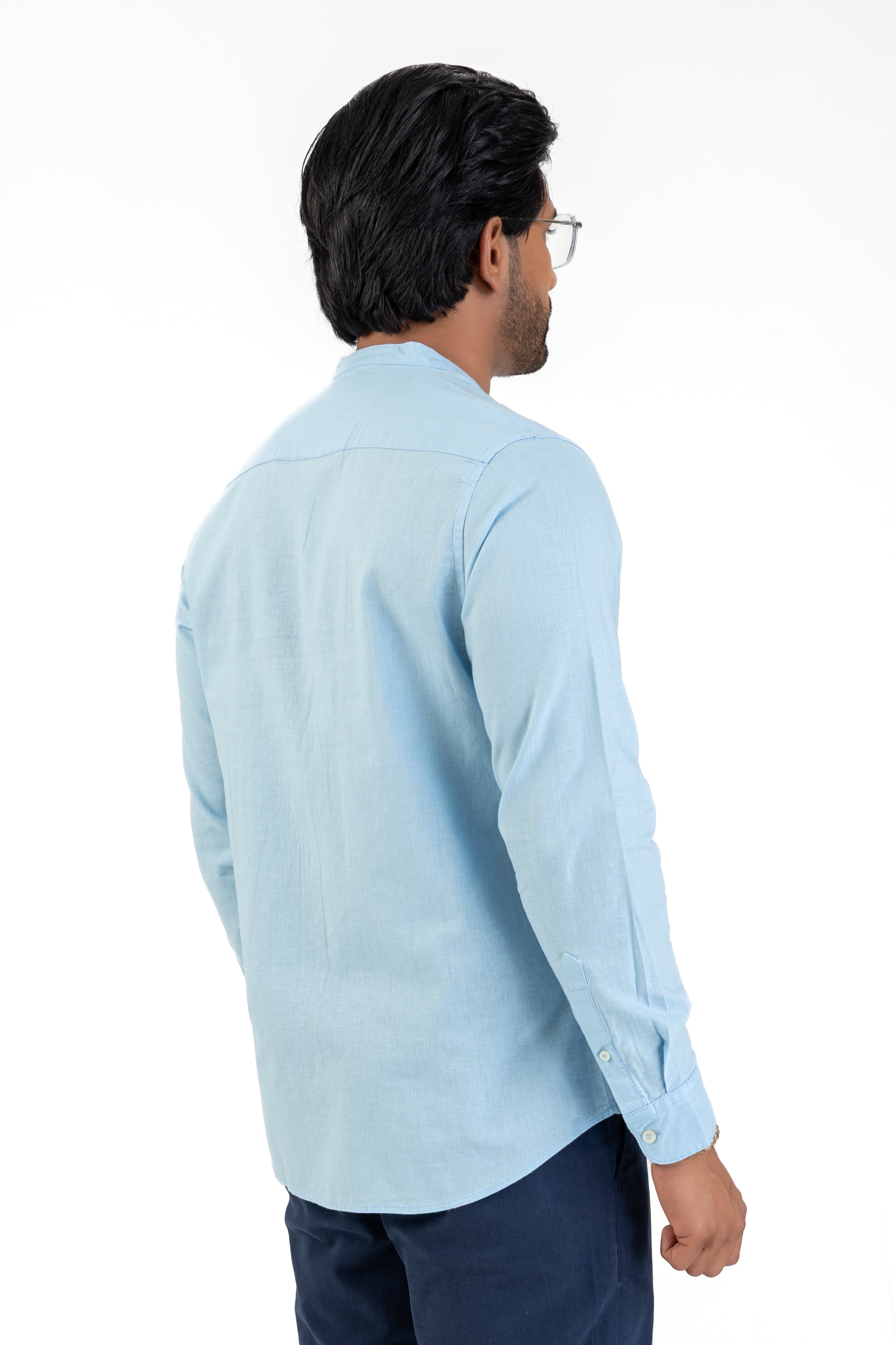 Linen Cotton Chinese Collar Shirt – Light Blue