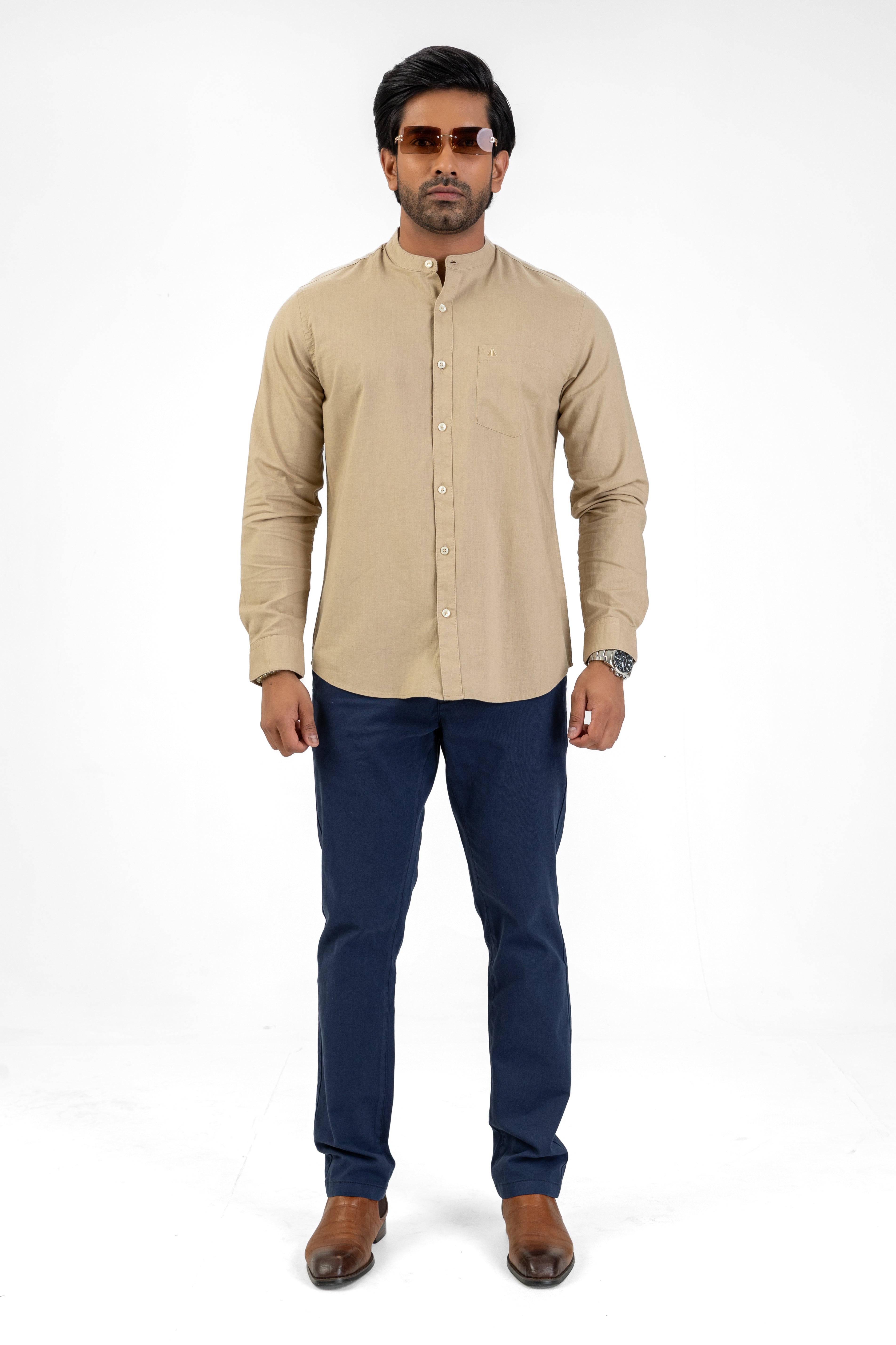 Slub Linen Cotton Chinese Collar Shirt – Camel