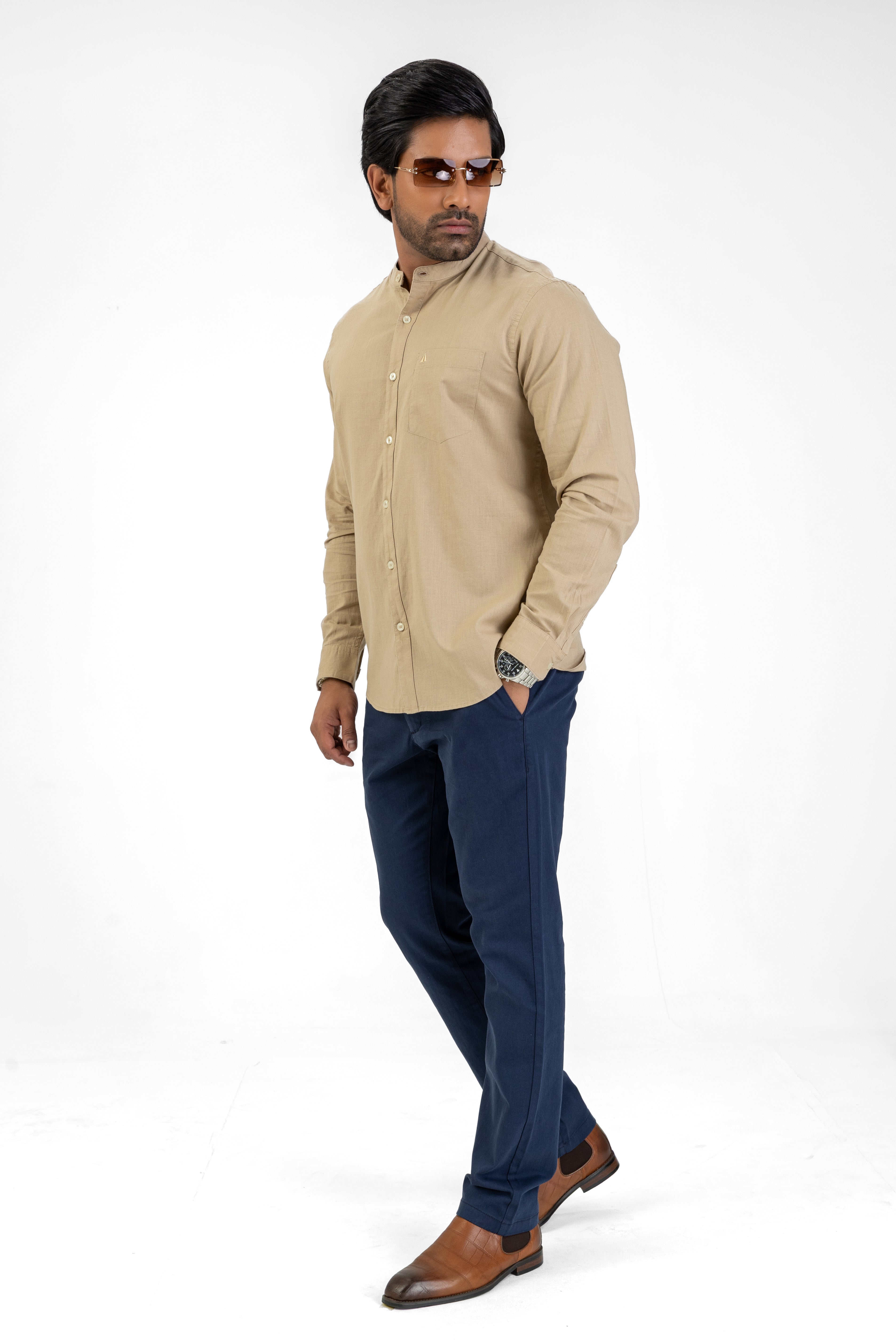 Slub Linen Cotton Chinese Collar Shirt – Camel