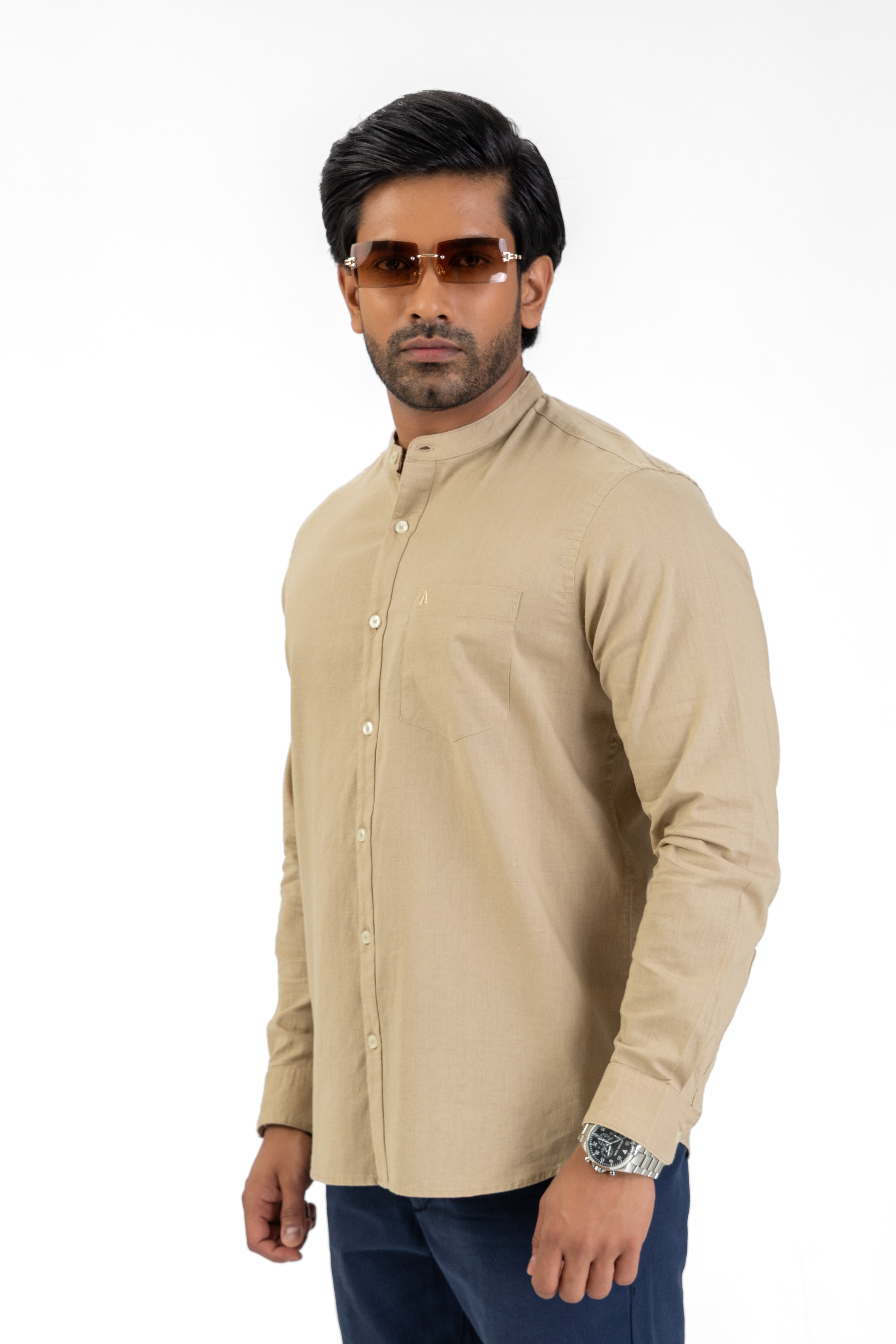 Slub Linen Cotton Chinese Collar Shirt – Camel