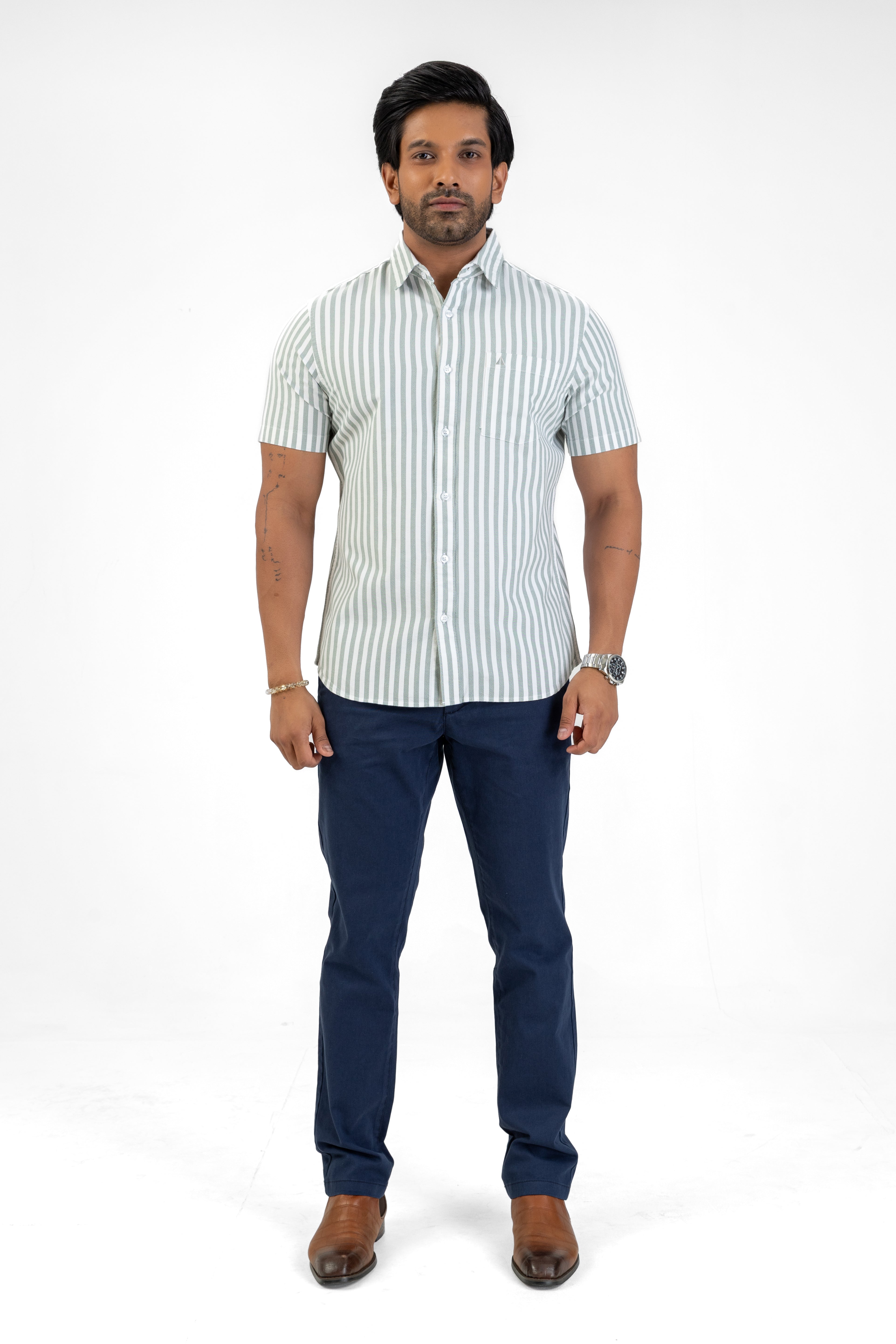 Cotton Stripe Short Sleeve Shirt – Light Green