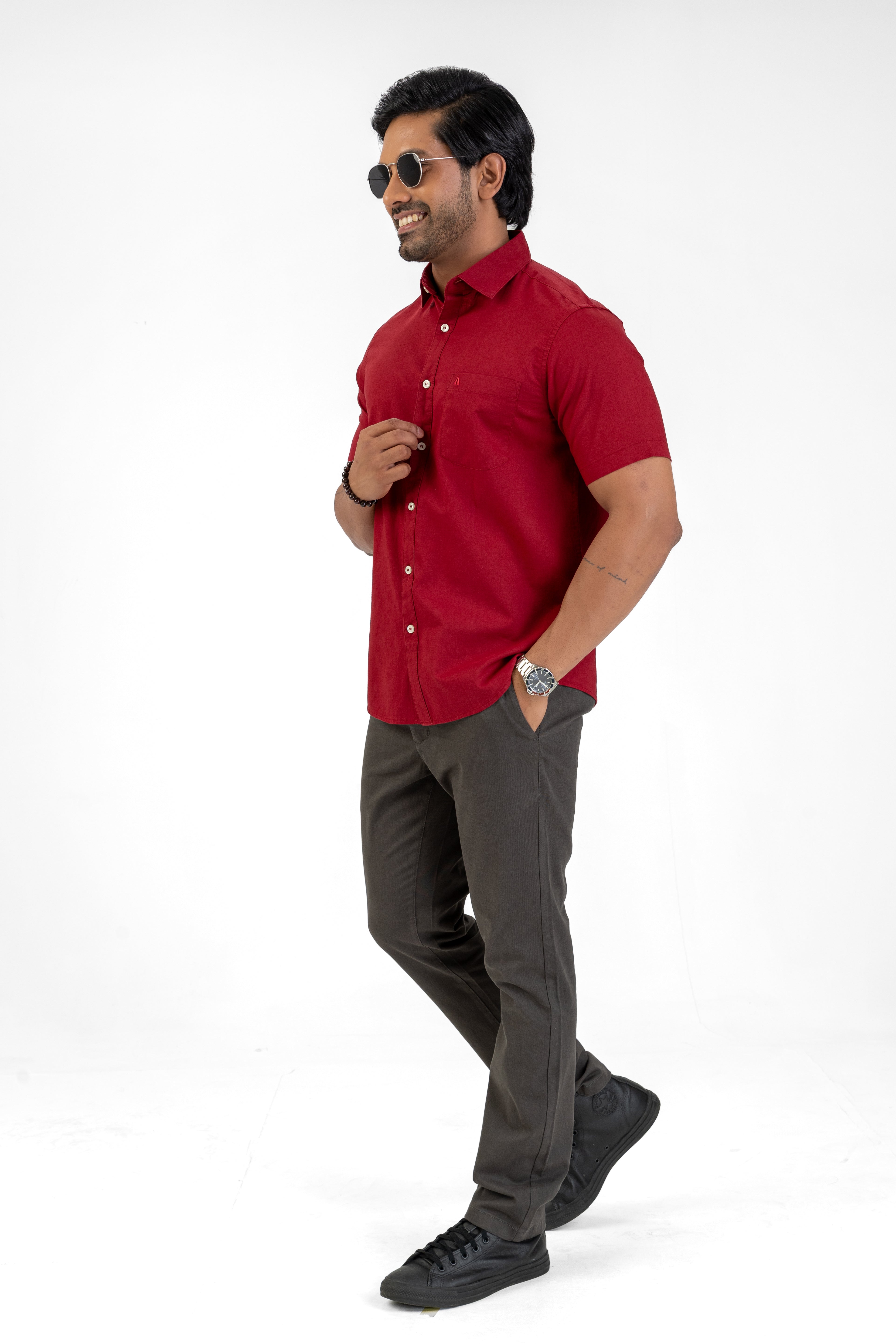 Short Sleeve Linen Cotton Shirt – Maroon