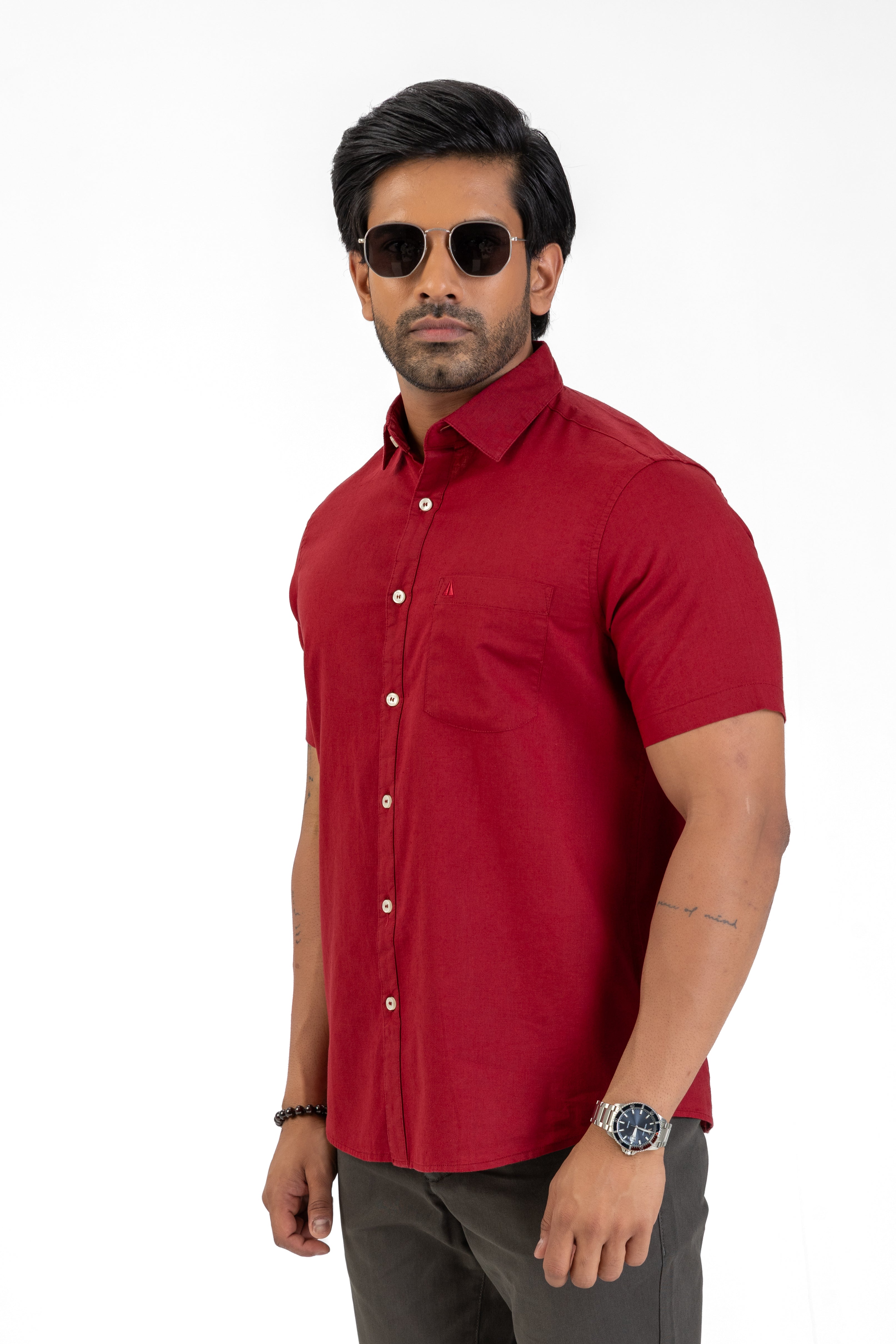 Short Sleeve Linen Cotton Shirt – Maroon