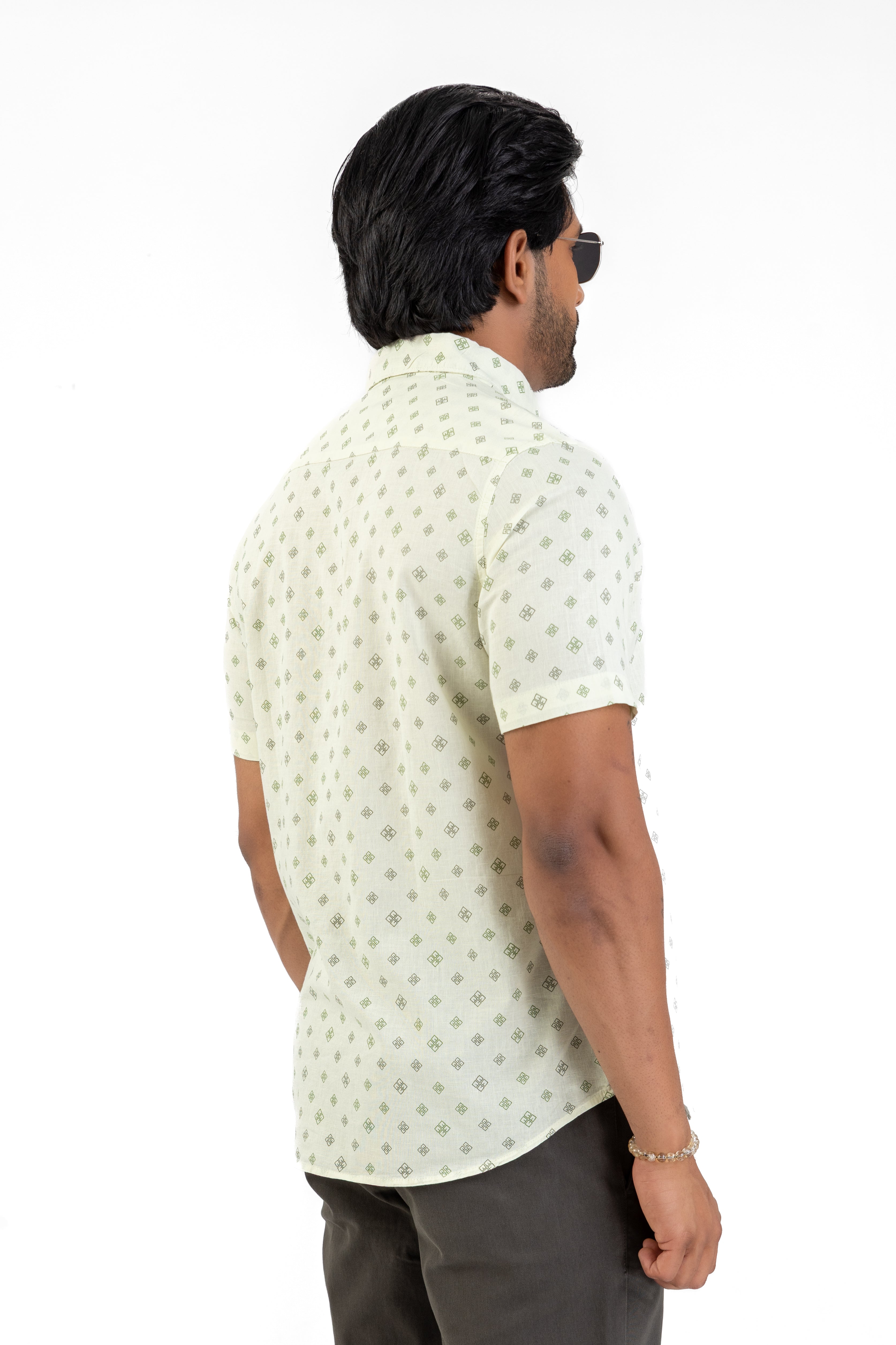 Linen Cotton Printed Short Sleeve Shirt – Light Green