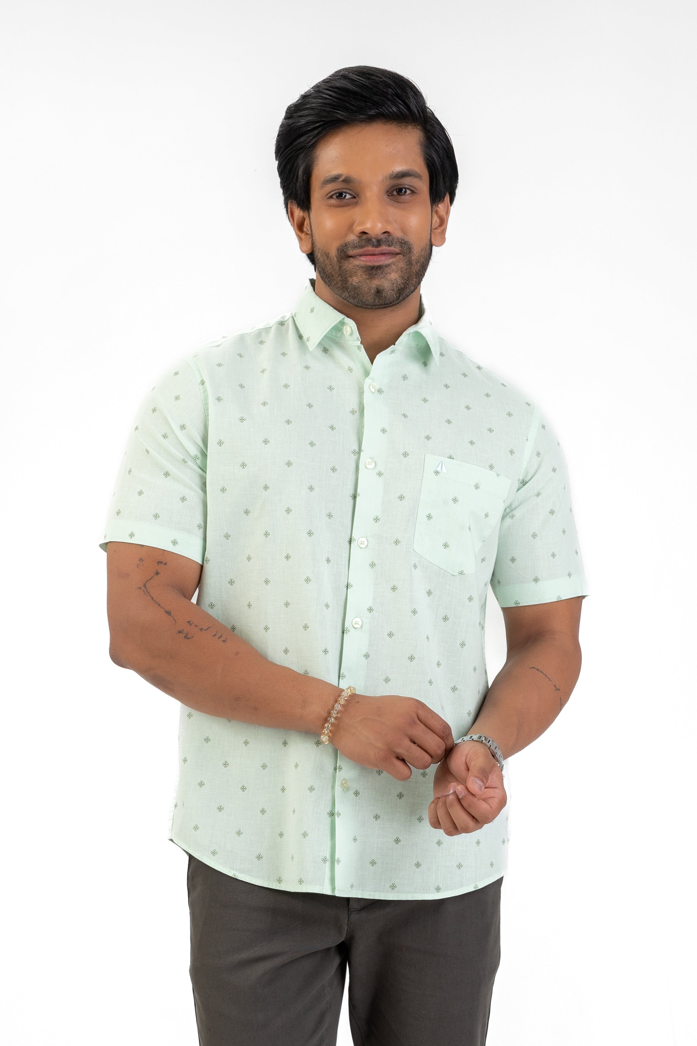 Linen Cotton Printed Short Sleeve Shirt – Green