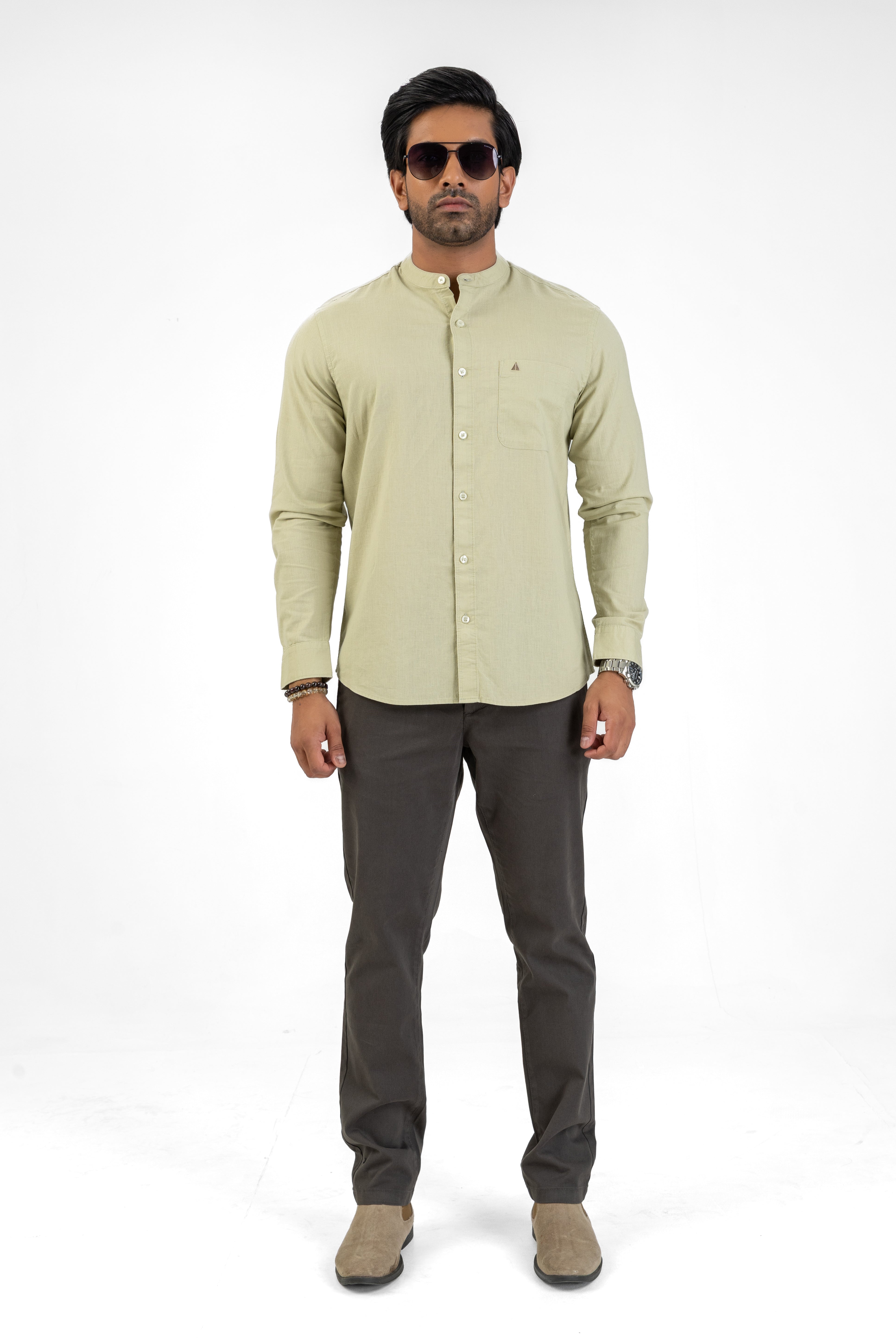 Slub Linen Cotton Chinese Collar Shirt – Light Green